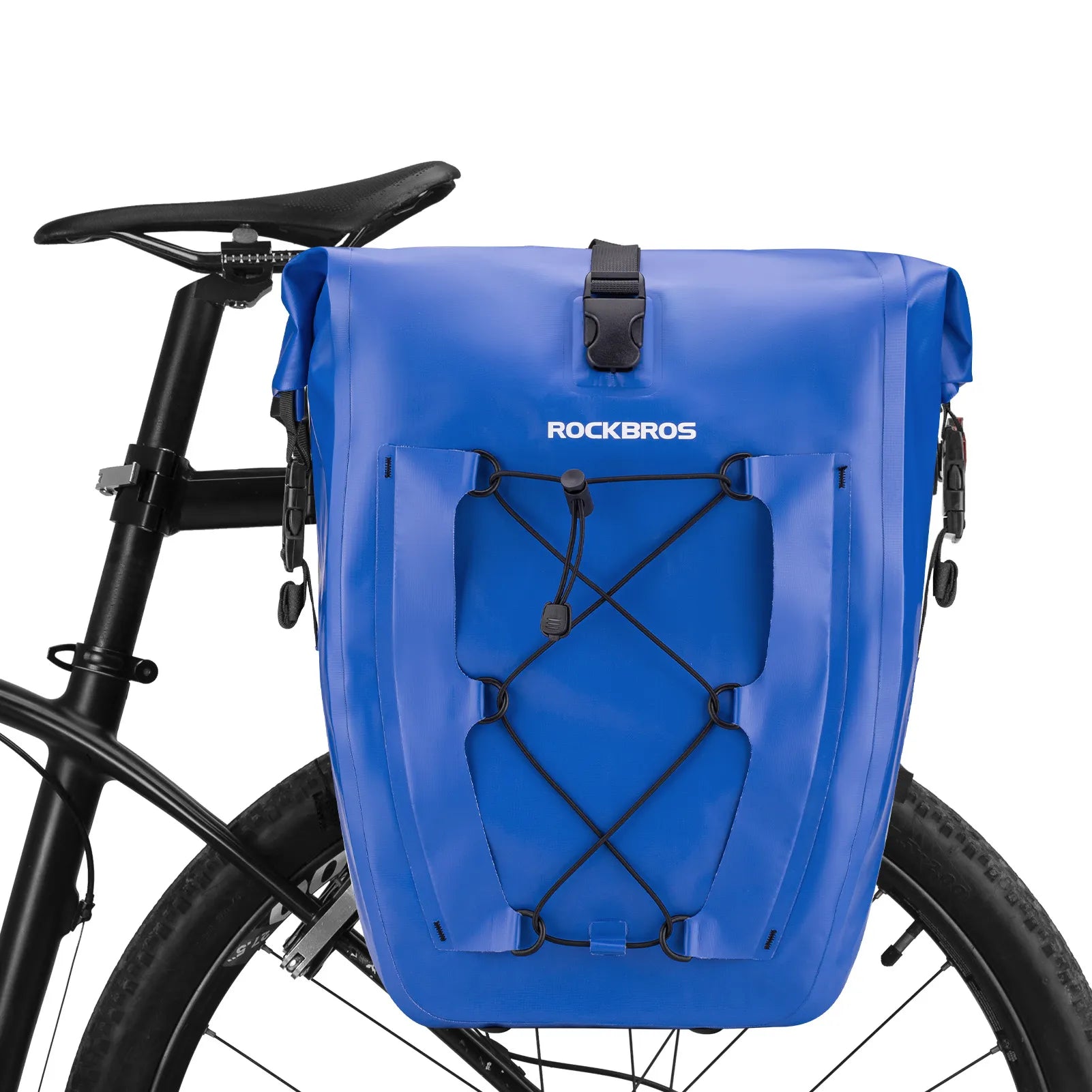 ROCKBROS 25L waterproof bike pannier bag installed on bicycle rear rack for touring and commuting.
#color_blue