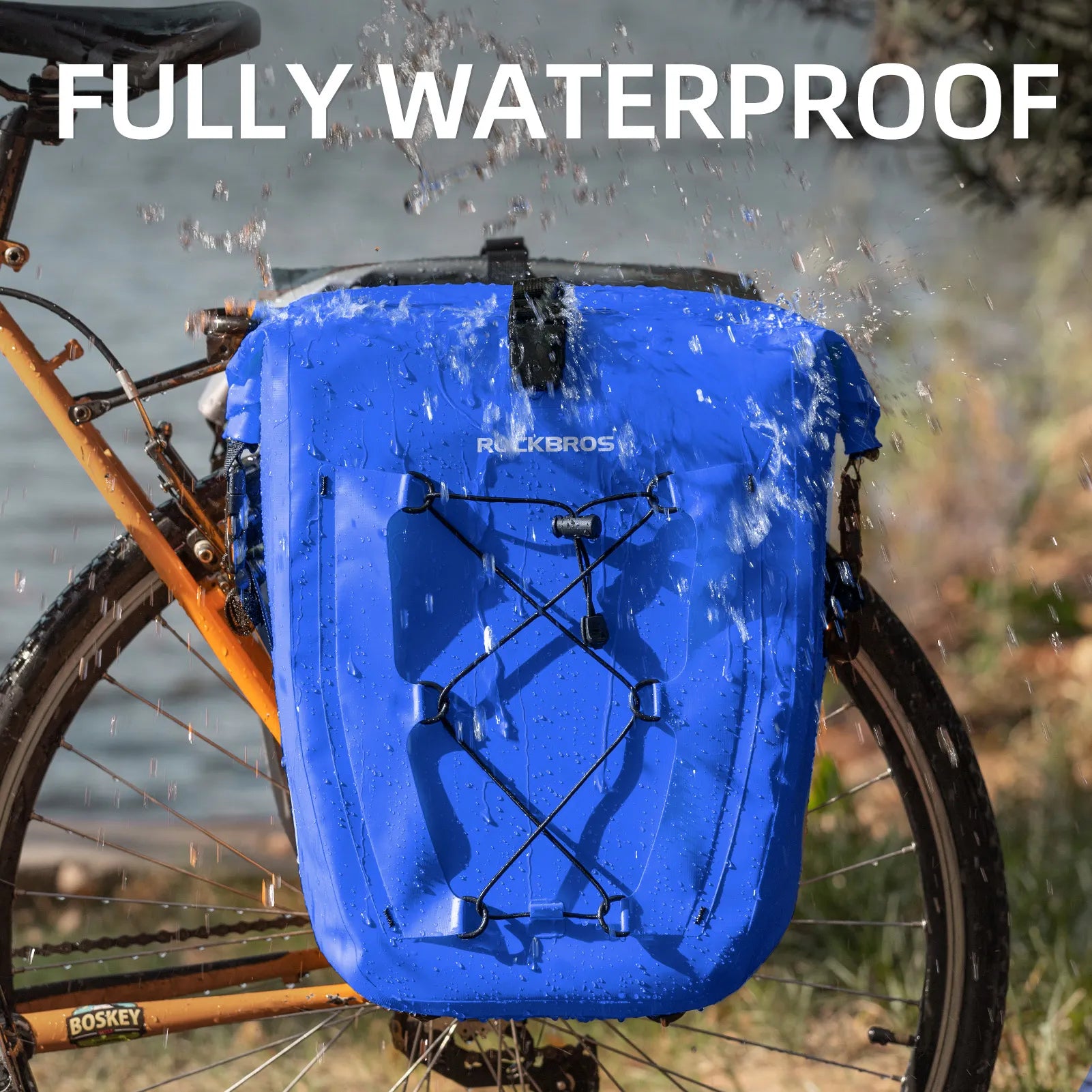 ROCKBROS 25L waterproof bike pannier bag installed on bicycle rear rack for touring and commuting.
#color_blue
