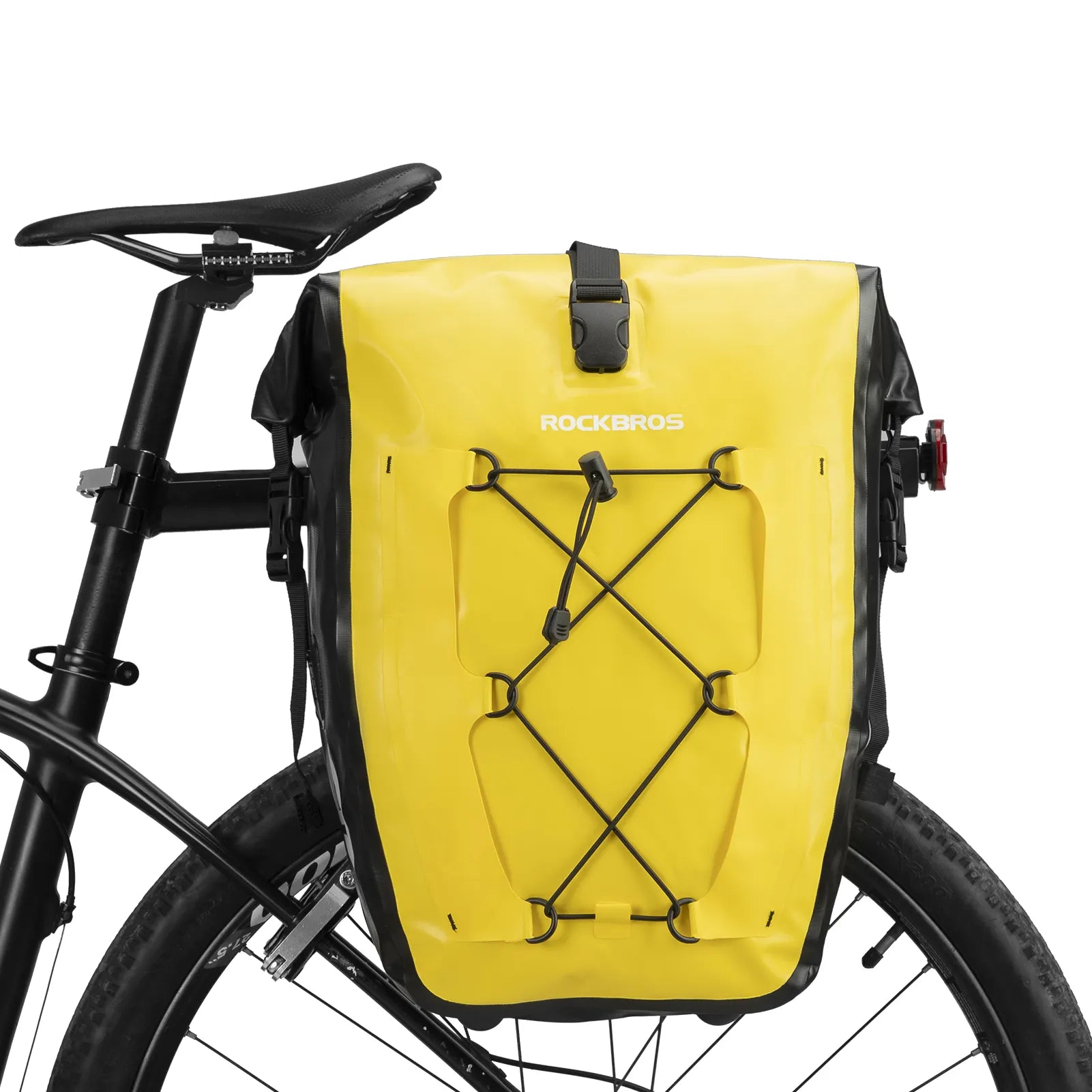 ROCKBROS 25L waterproof bike pannier bag installed on bicycle rear rack for touring and commuting.
#color_yellow
