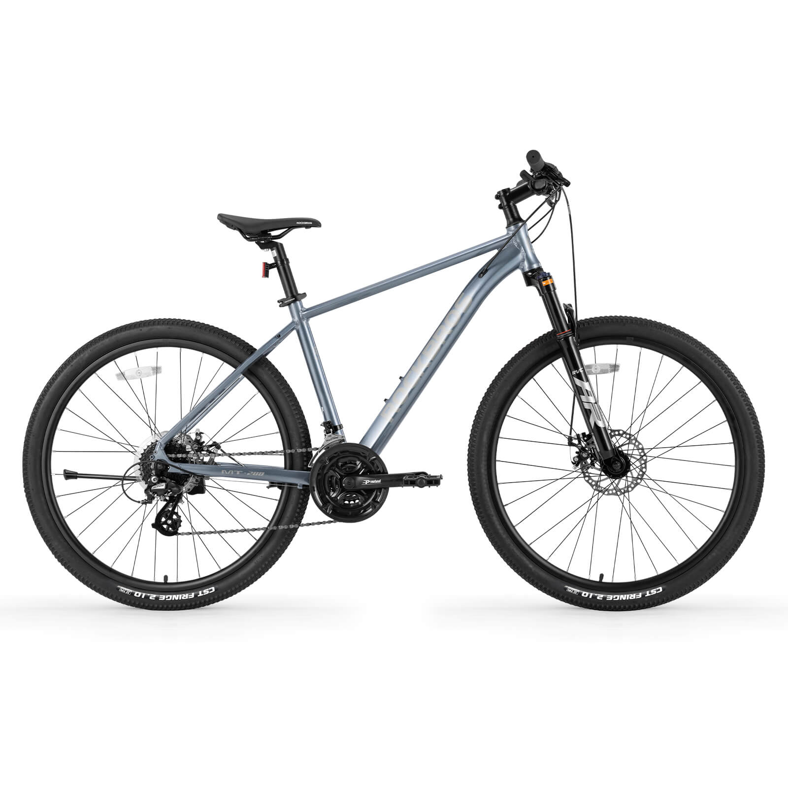 Hydraulic disc brake system on ROCKBROS MT200 mountain bike.
#color_steel blue
