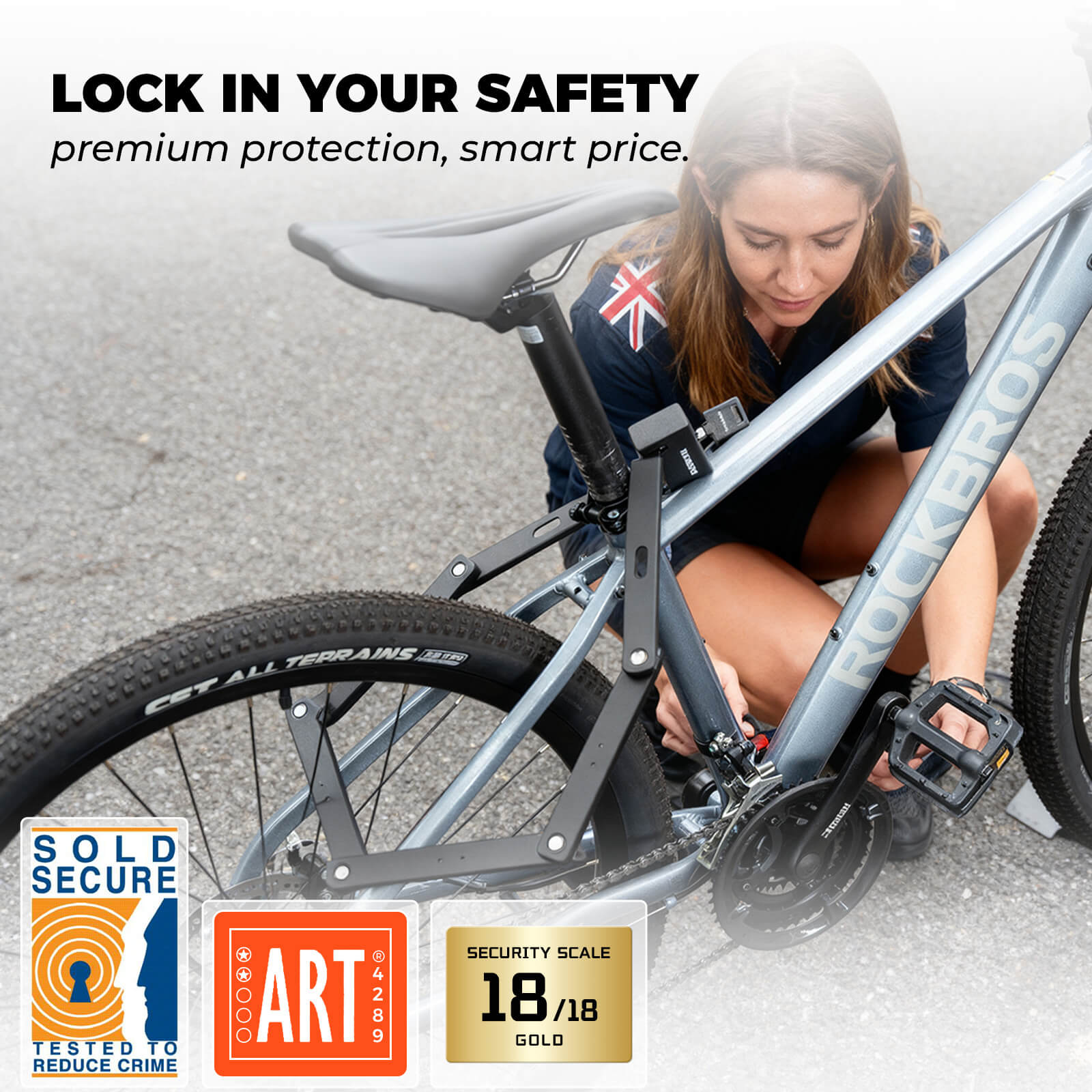 ROCKBROS 6-section foldable bike lock ART 3 certified for urban cycling.
