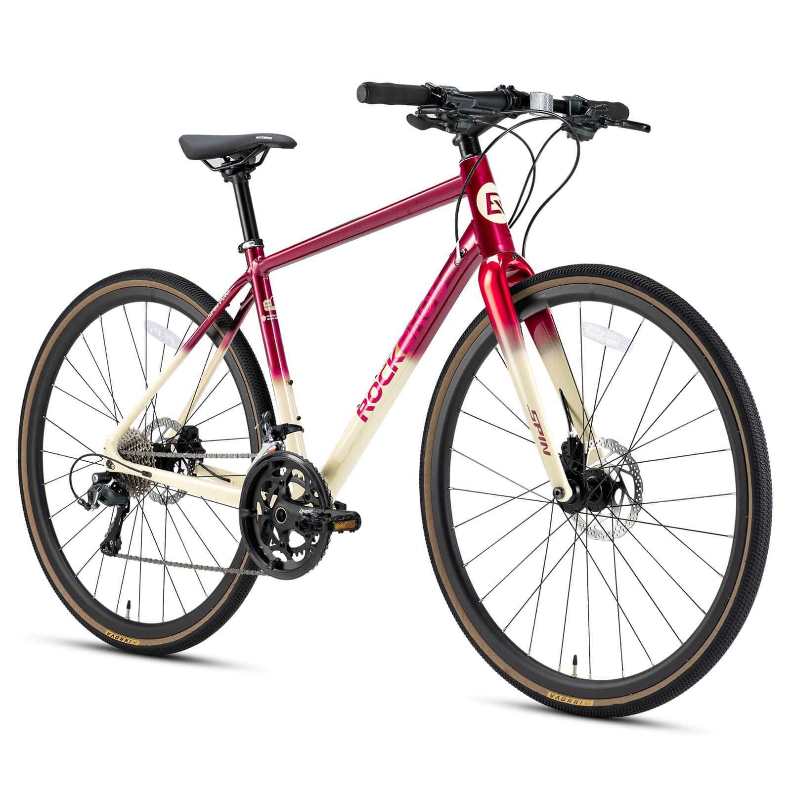 rockbros flat bar disc brake road bike for fitness cycling.
#color_Copper Purple Gradient