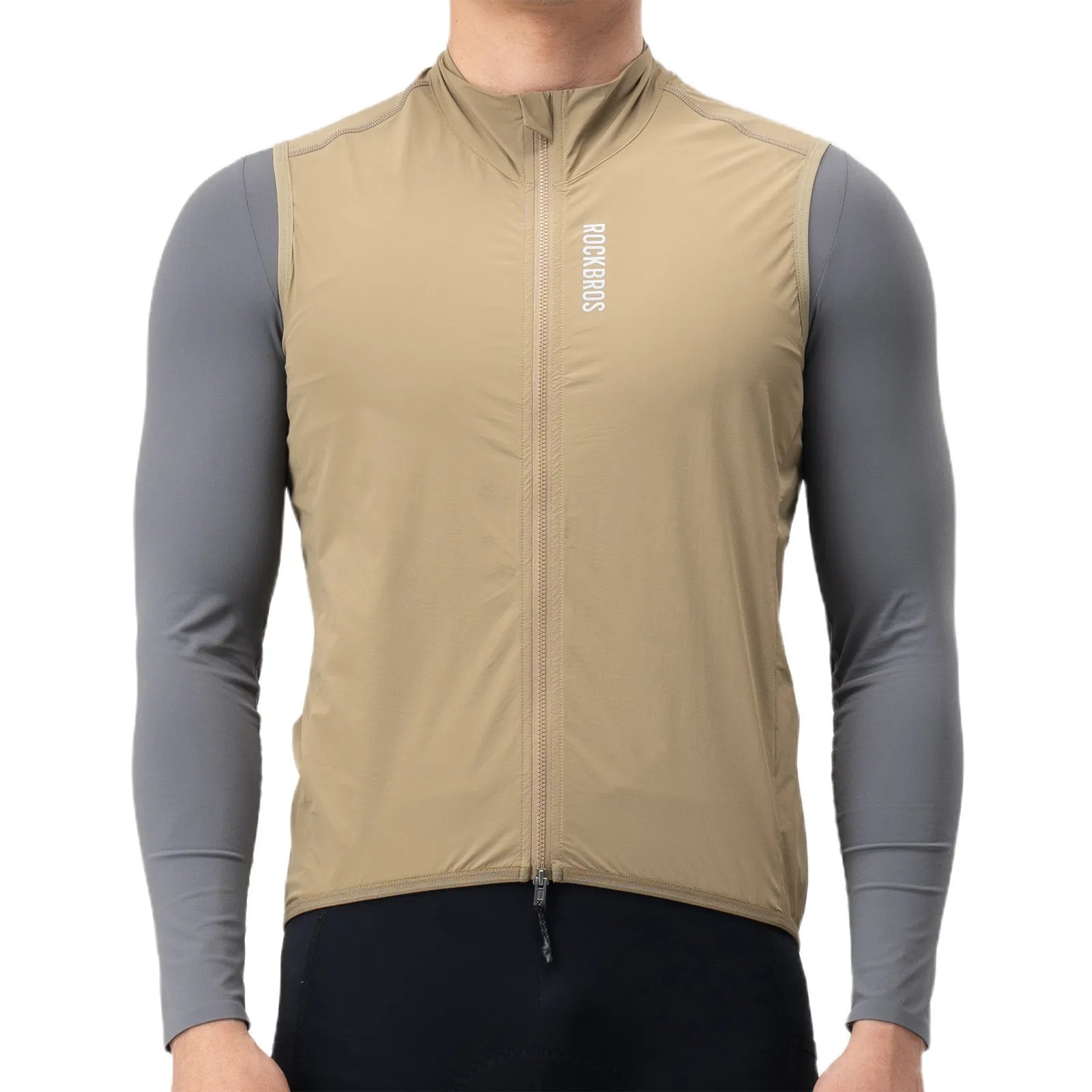 Rockbros AeroLite windproof cycling vest in black, unisex breathable sleeveless bike gilet front view.
#color_beige