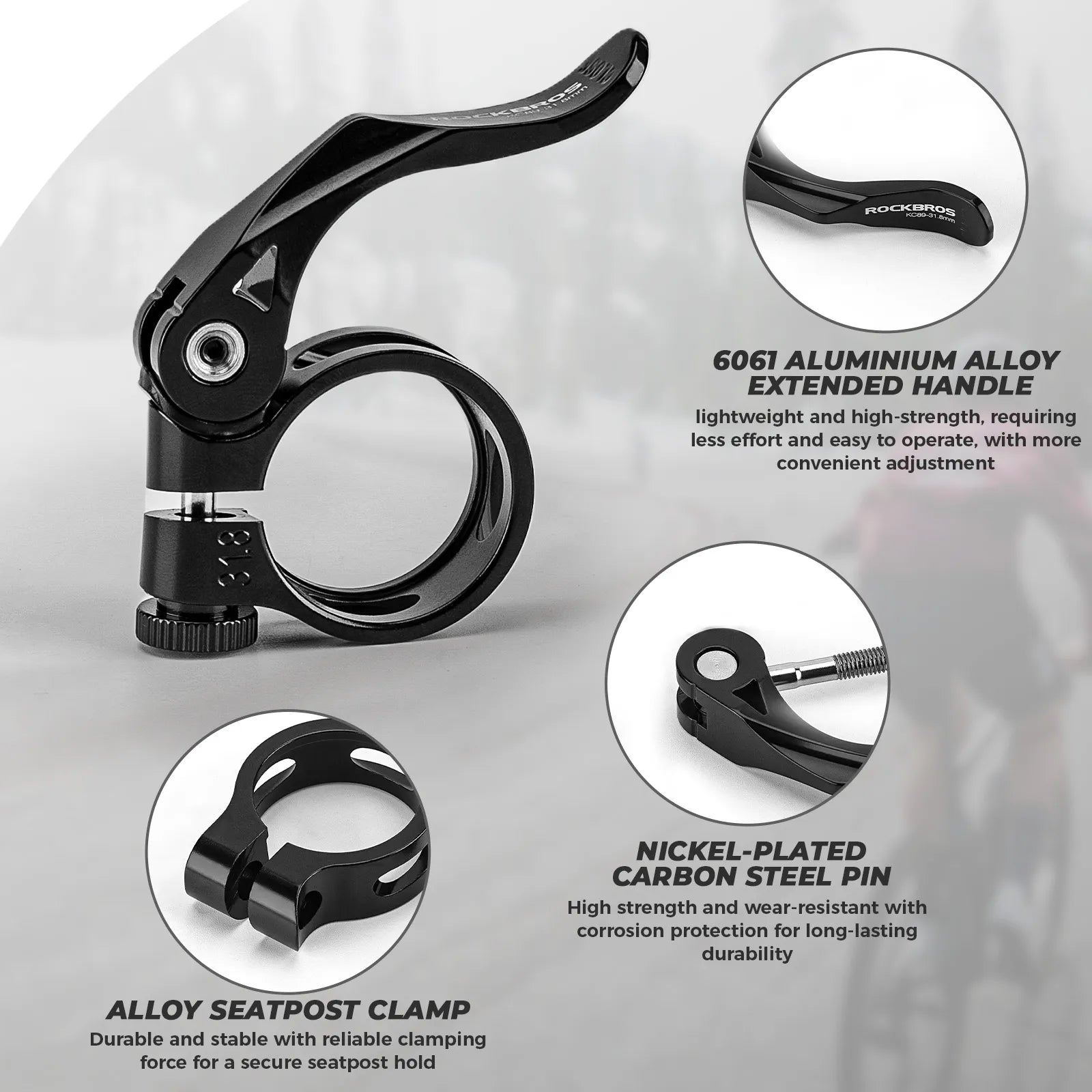 ROCKBROS alloy bike seatpost clamp with universal quick release mechanism for mountain and road bicycles