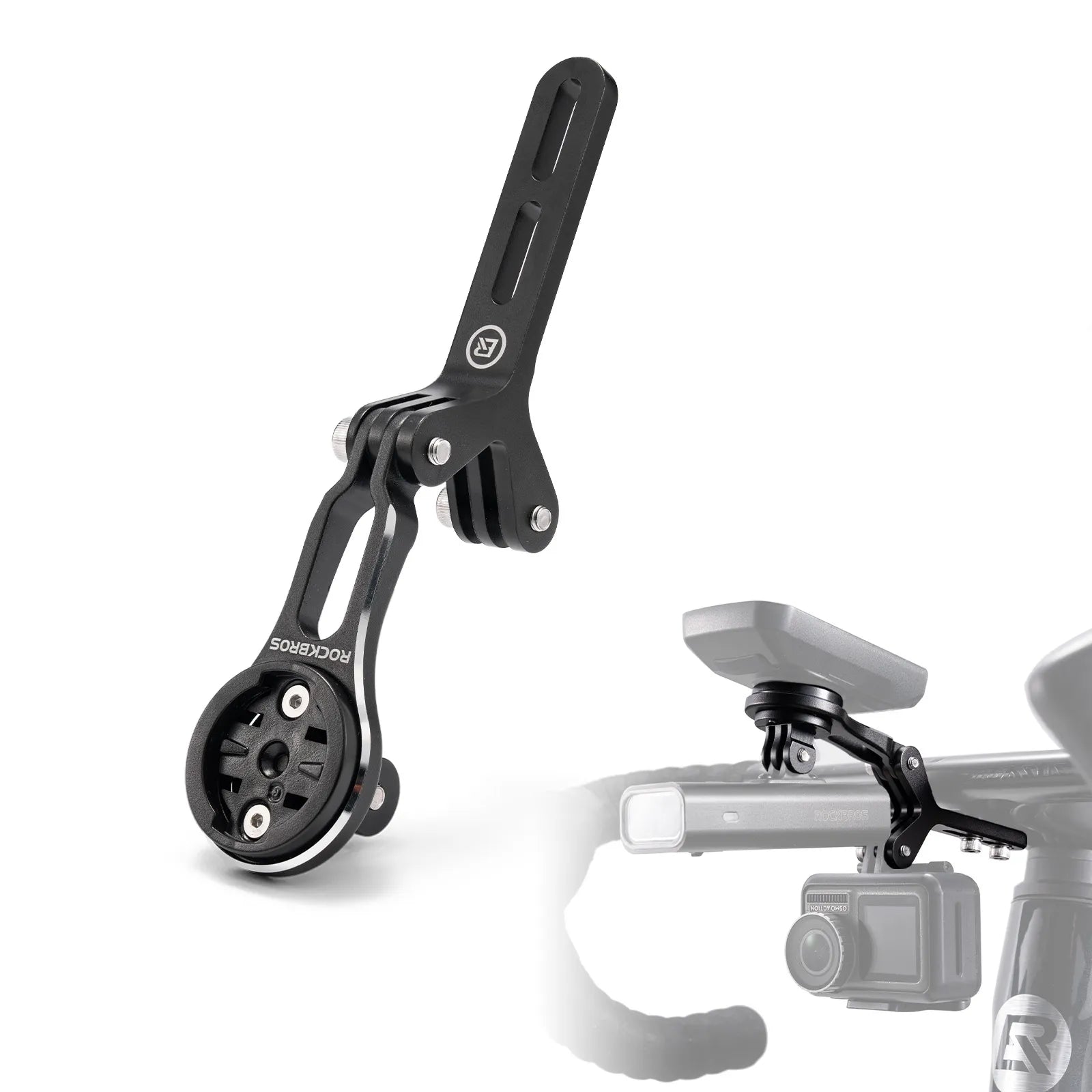 Rockbros aluminium bike computer mount with integrated action camera extension bracket, front view