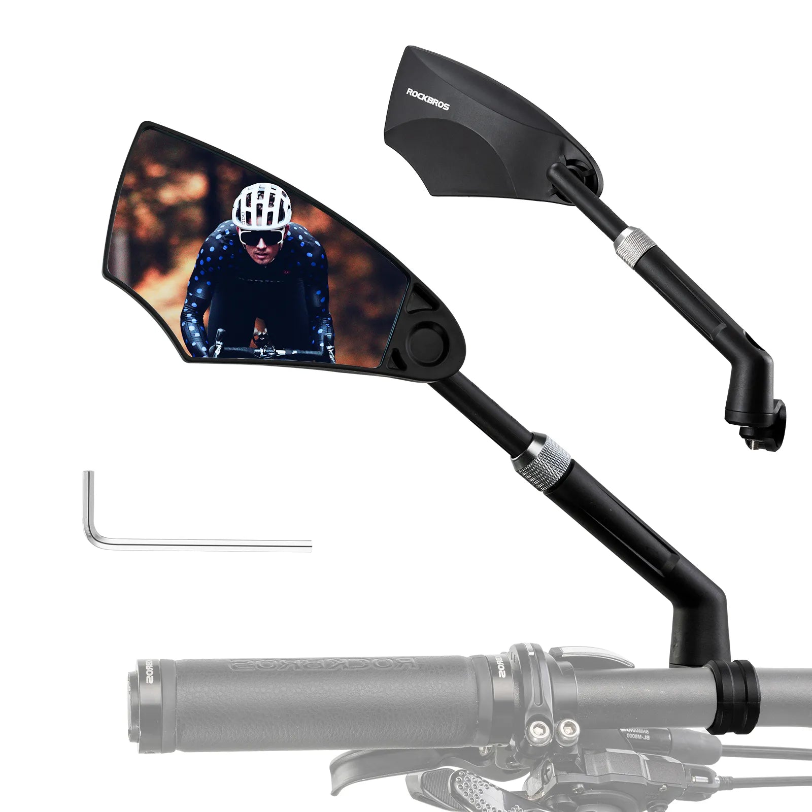 Rockbros anti glare bike handlebar rear view mirror on clean background.
#options_Left and Right