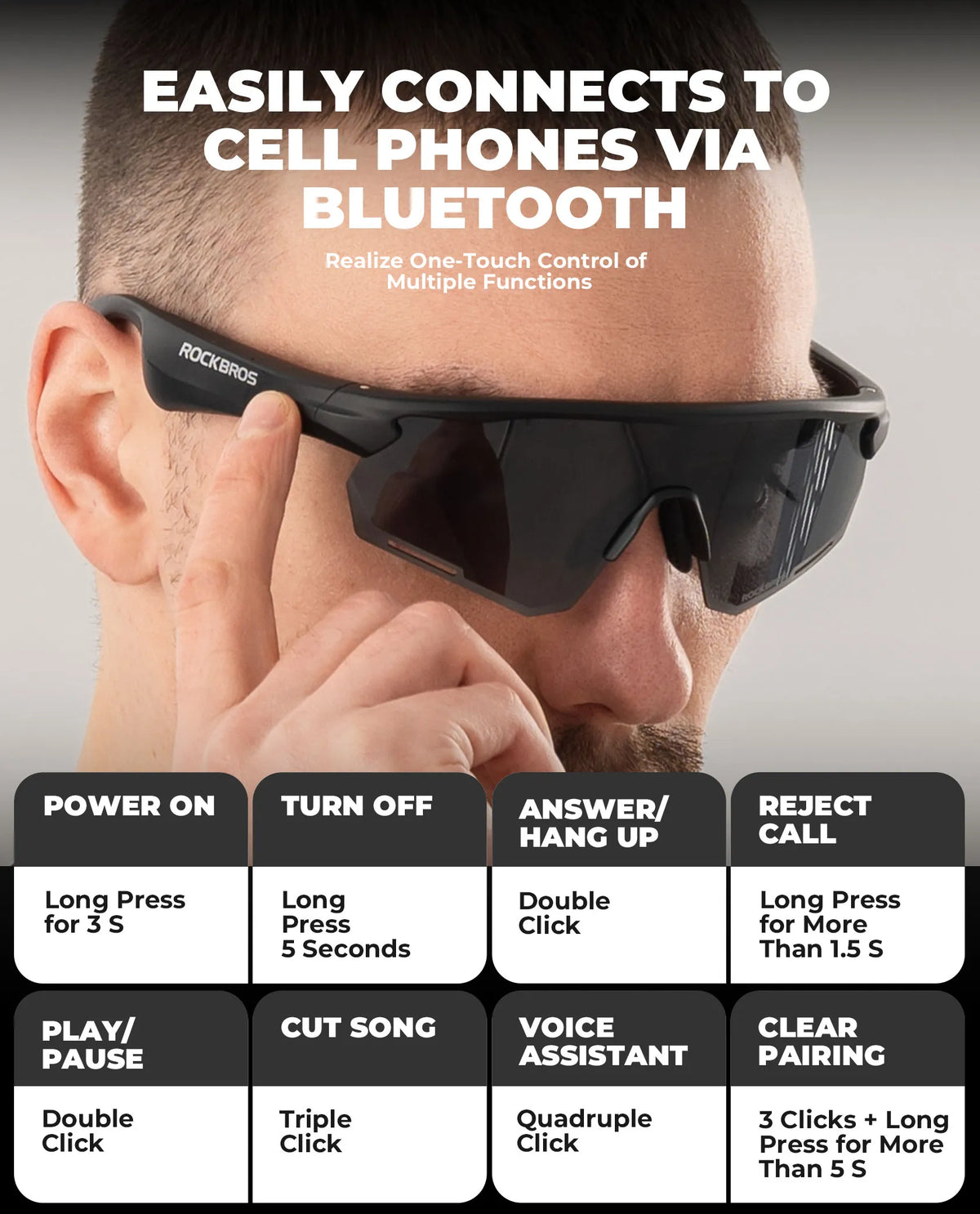 ROCKBROS Bluetooth polarized cycling sunglasses with built-in speakers.
#options_Polarised Grey