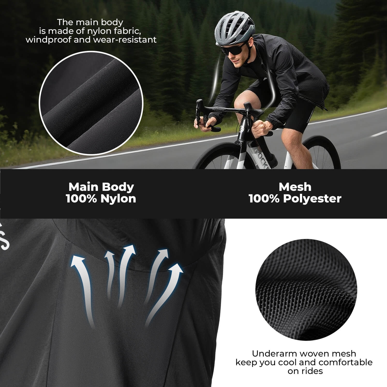 rockbros ultralight windproof cycling jacket for morning road rides.
#color_black
