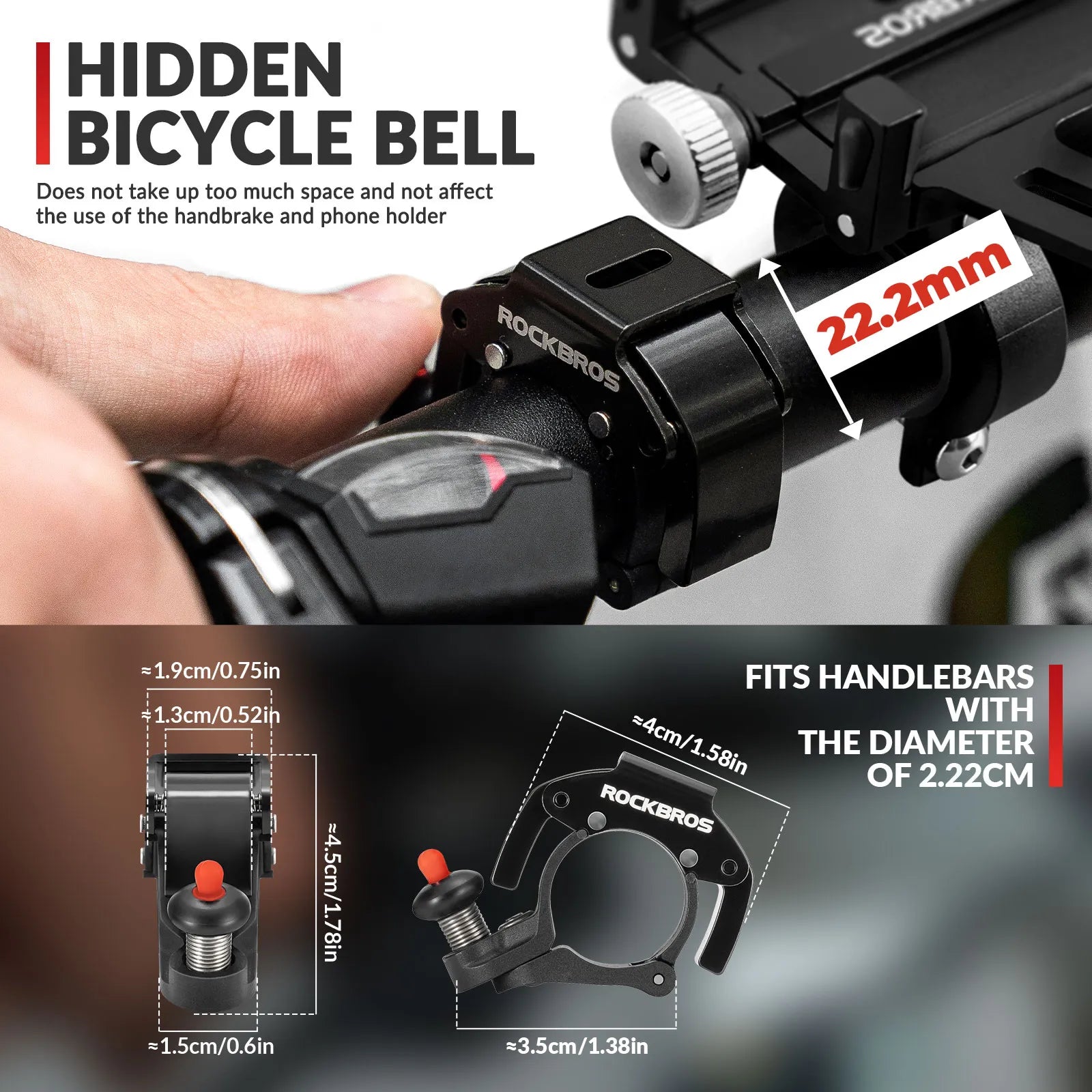 ROCKBROS C-Shape Mini Bike Bell in black, hidden bicycle bell for 22.2mm handlebars
#color_black