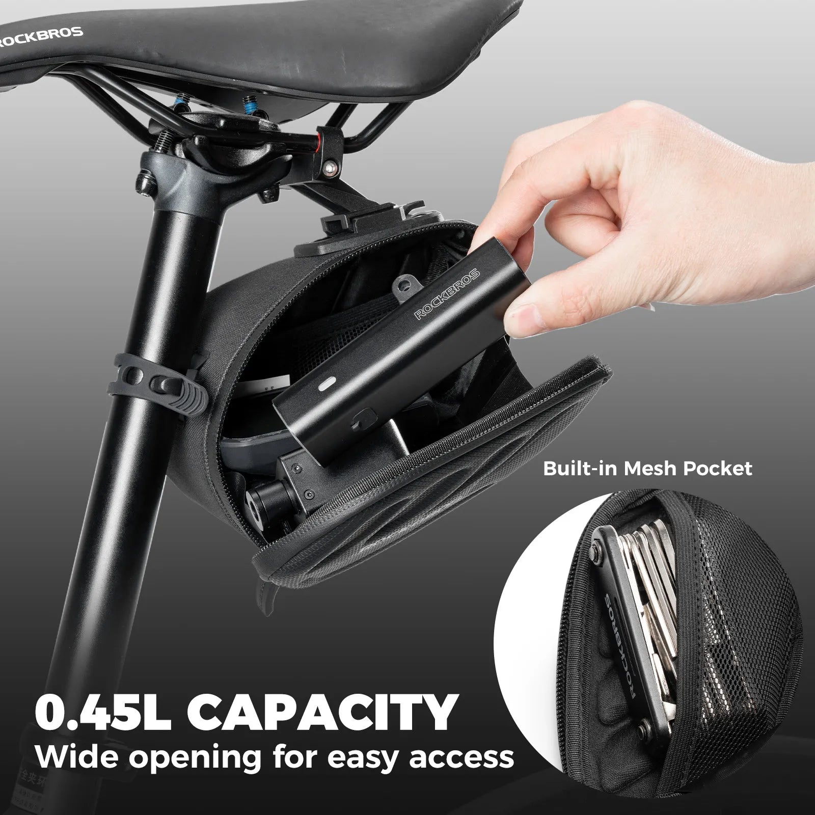 ROCKBROS C61 compact 0.45L hard shell bike saddle bag with integrated smart tail light