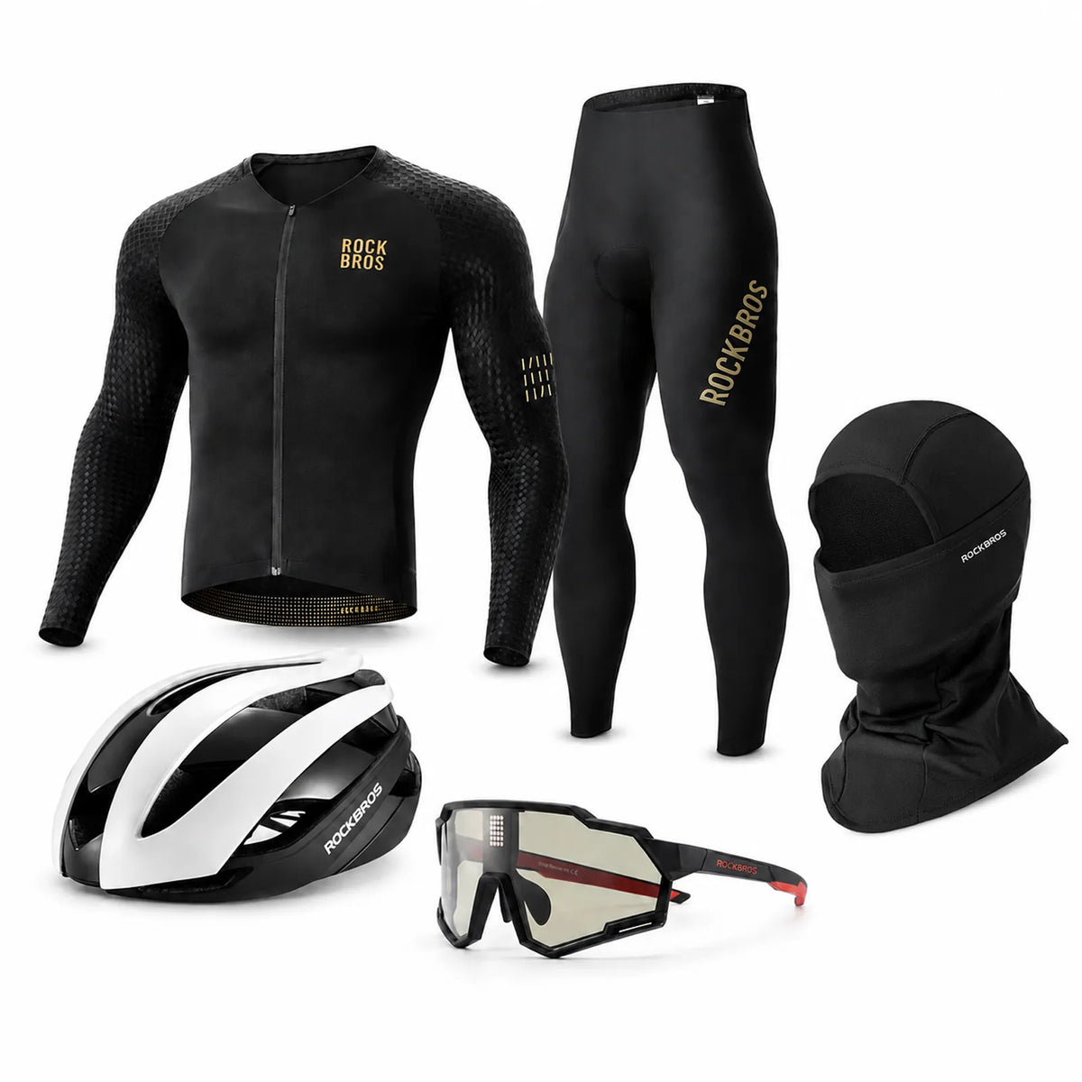 ROCKBROS Complete Winter Cycling Kit with helmet, eyewear, jersey, tights and winter face cover.
#color_black