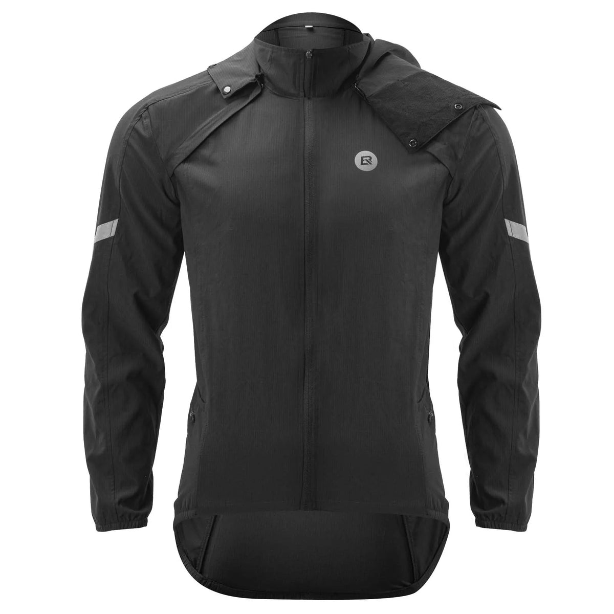 Black ROCKBROS convertible cycling jacket with long sleeves, hood and reflective arm details