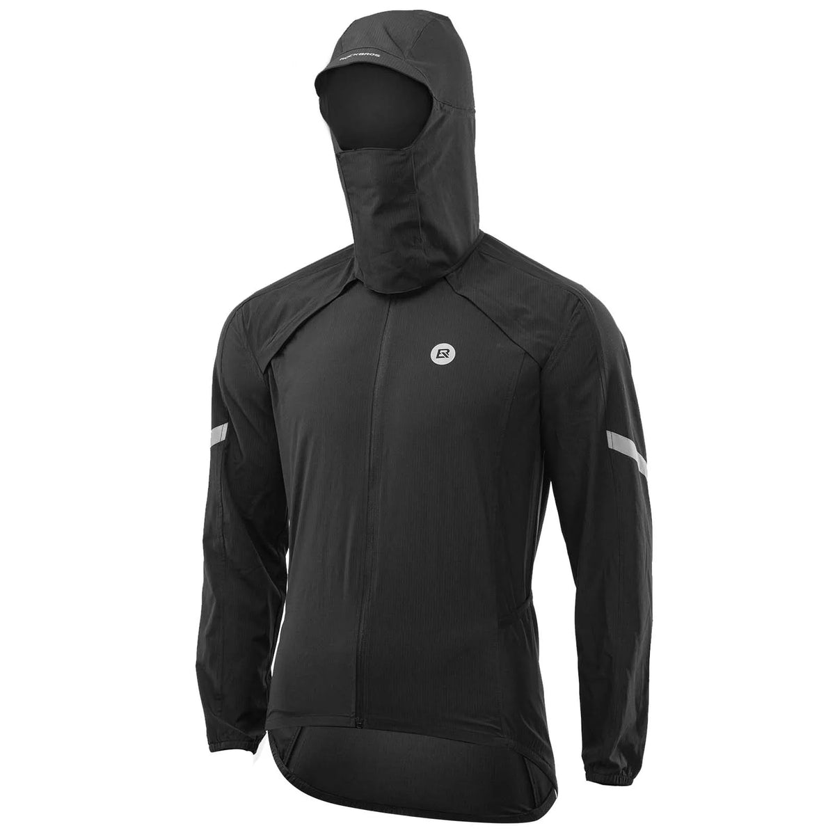 Black ROCKBROS convertible cycling jacket with long sleeves, hood and reflective arm details