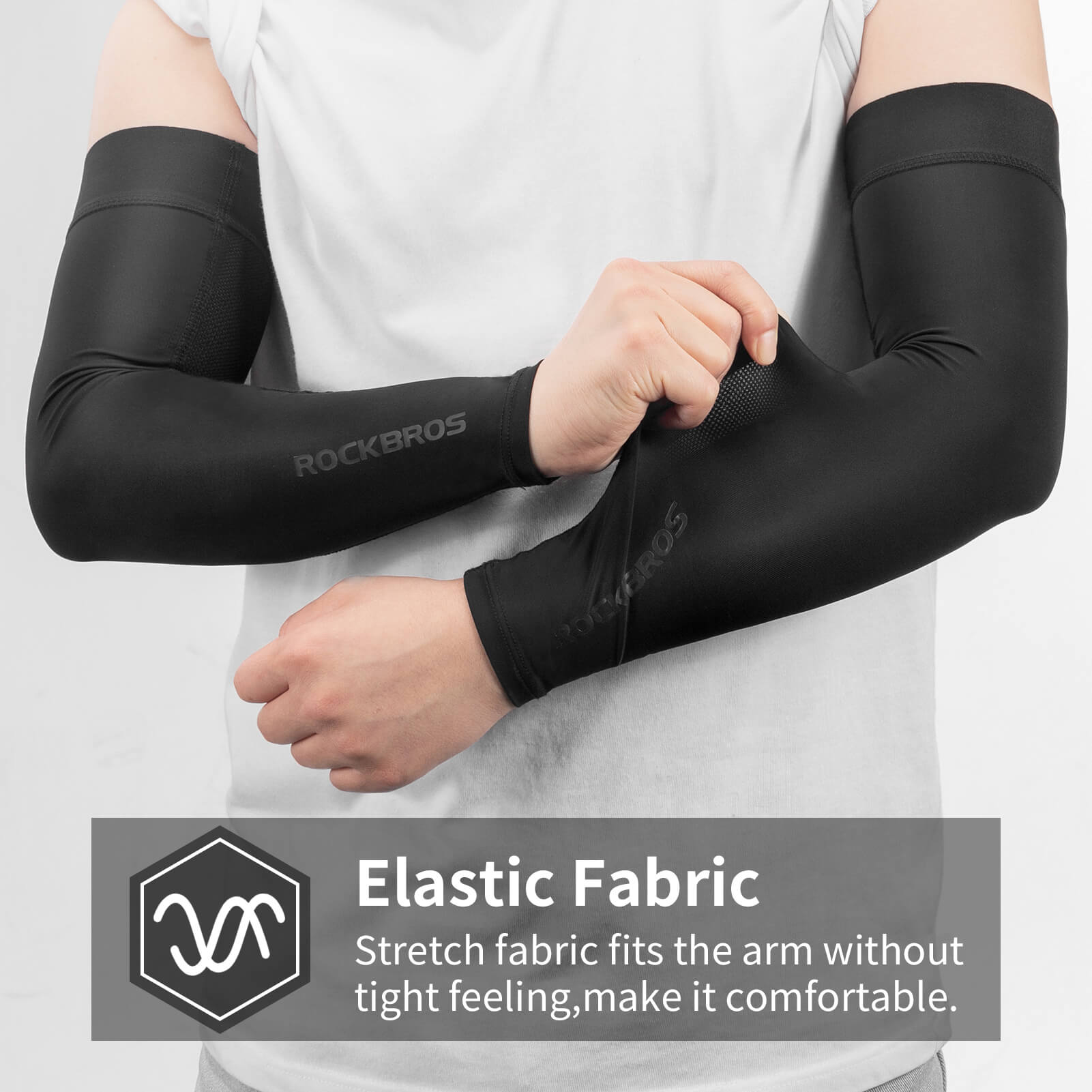 ROCKBROS arm sleeves designed for long-distance riding in hot weather.
#color_black