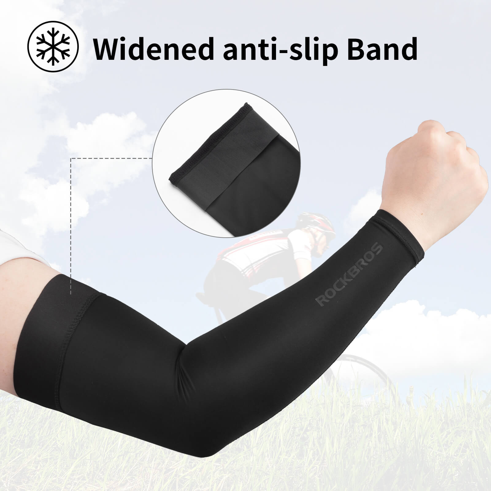 ROCKBROS arm sleeves designed for long-distance riding in hot weather.
#color_black