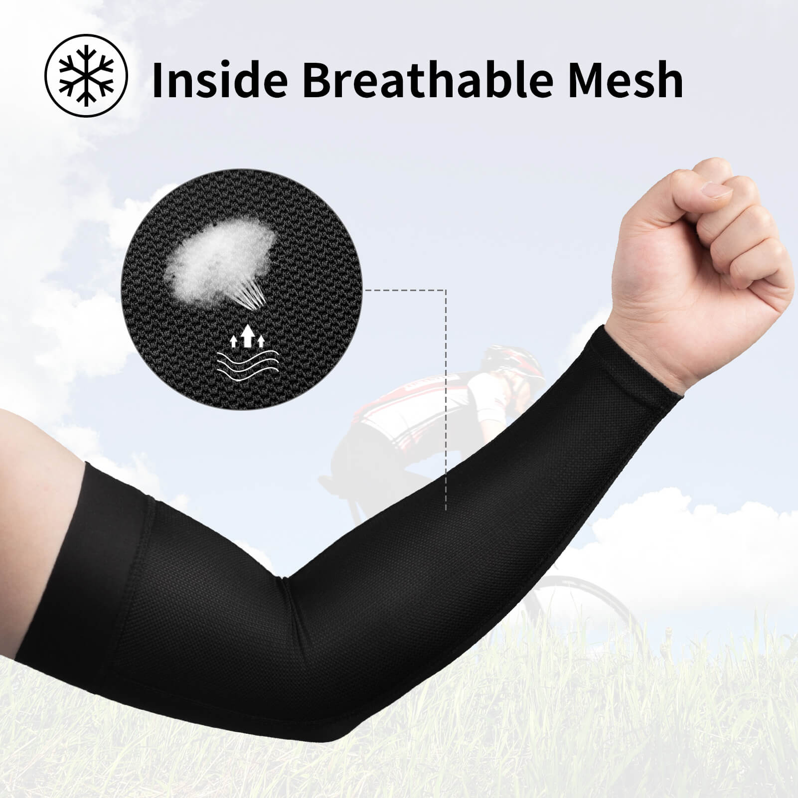 ROCKBROS arm sleeves designed for long-distance riding in hot weather.
#color_black