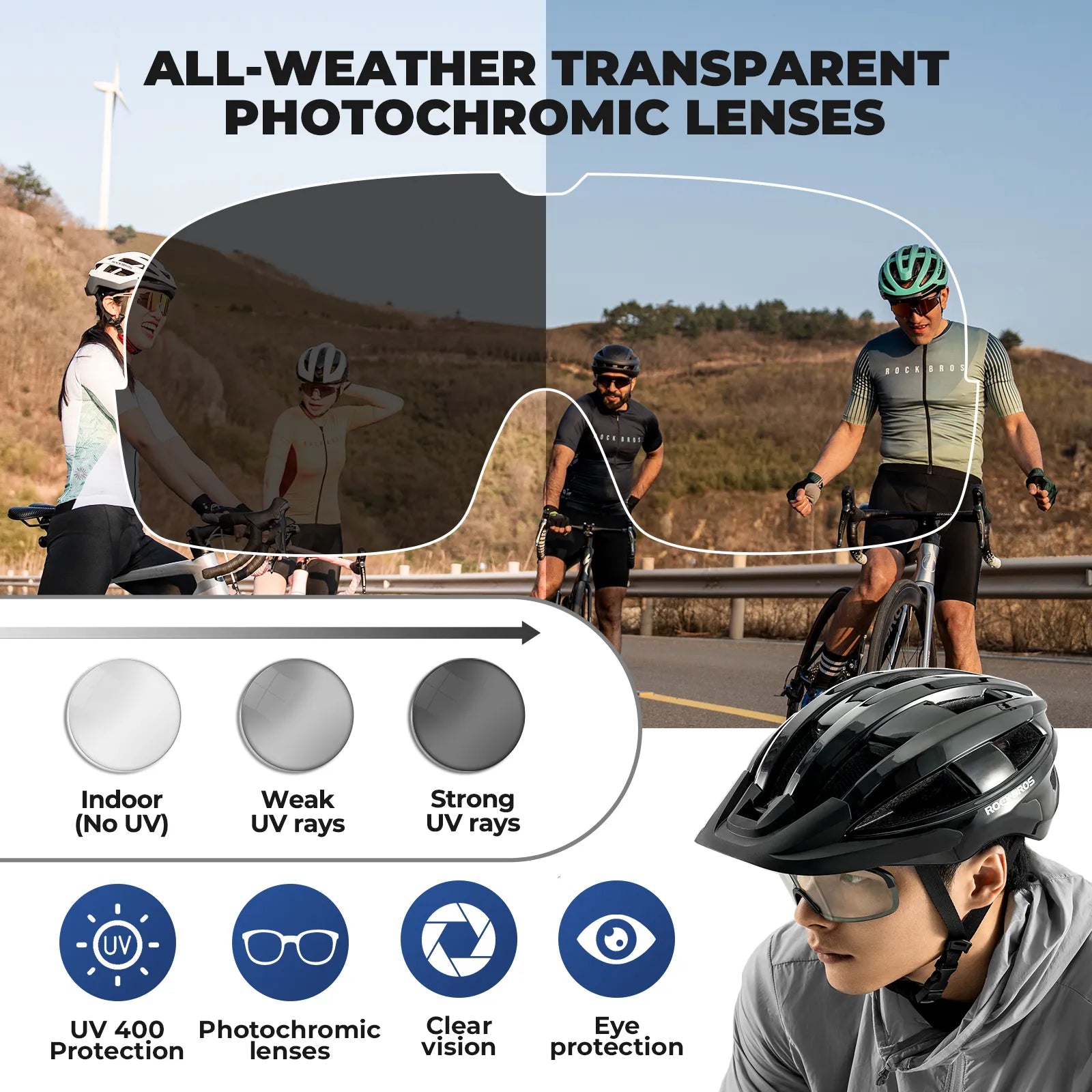 ROCKBROS In-Mold Bike Helmet with Photochromic UV400 Magnetic Visor in Front View.
#color_black