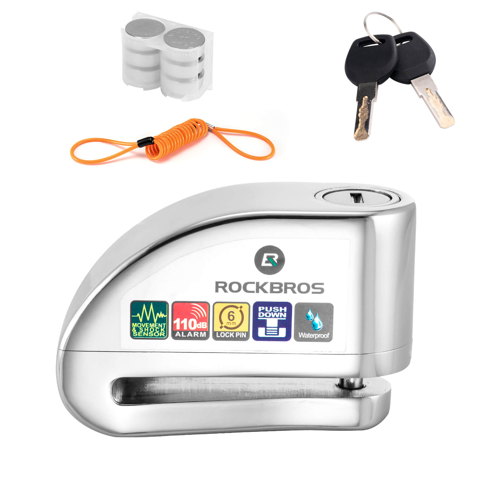 rockbros 110dB disc brake lock with alarm and reminder cable for motorcycle and bike security.
#color_silver