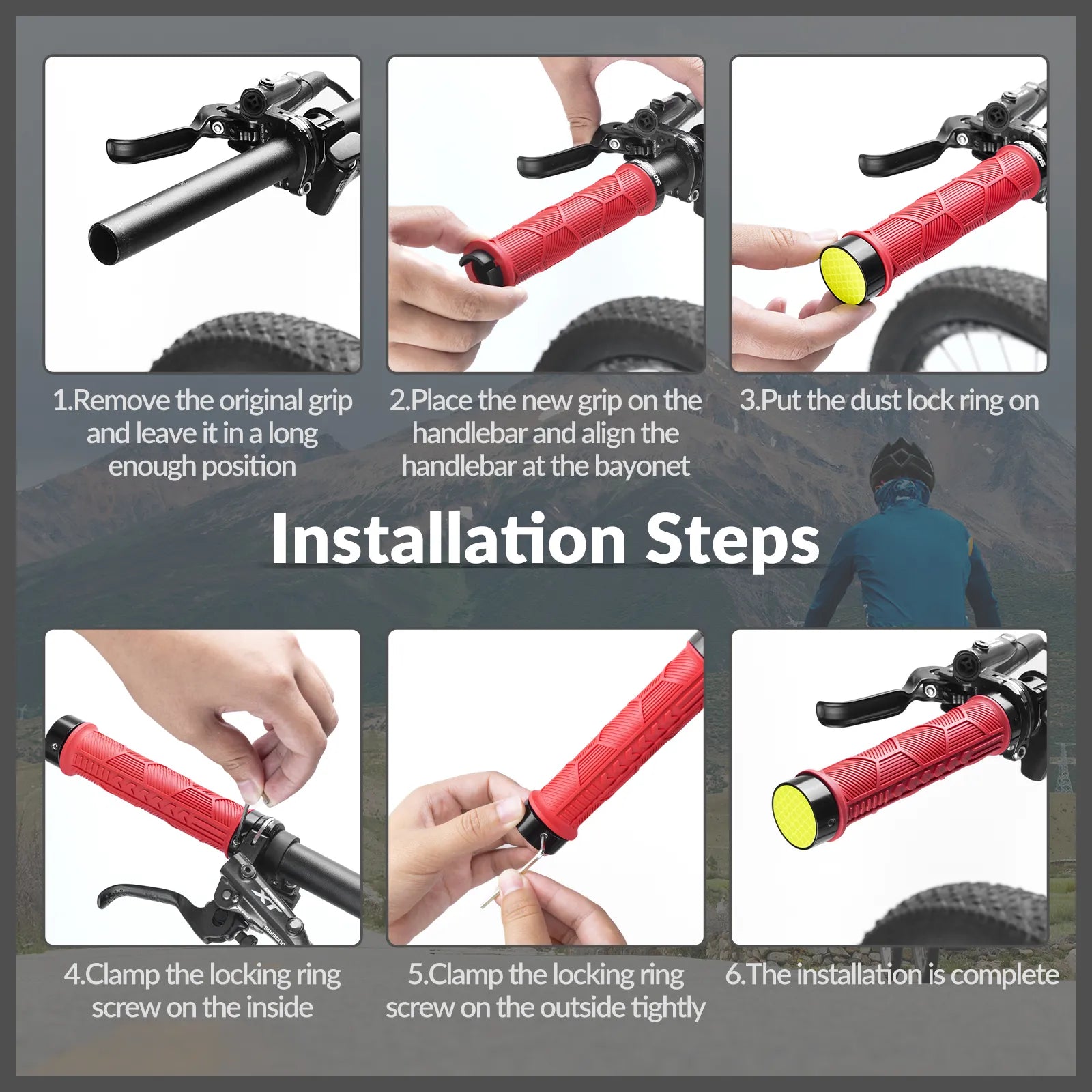 ROCKBROS double lock-on bike handlebar grips for 22.2mm bars, anti-slip rubber bicycle grips.
#color_black