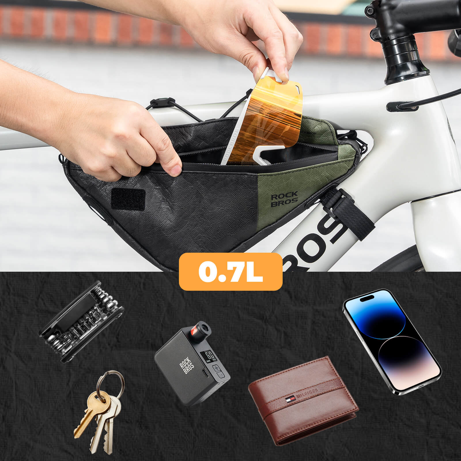 rockbros green triangle frame bag 0.7L for road and mountain bikes.
