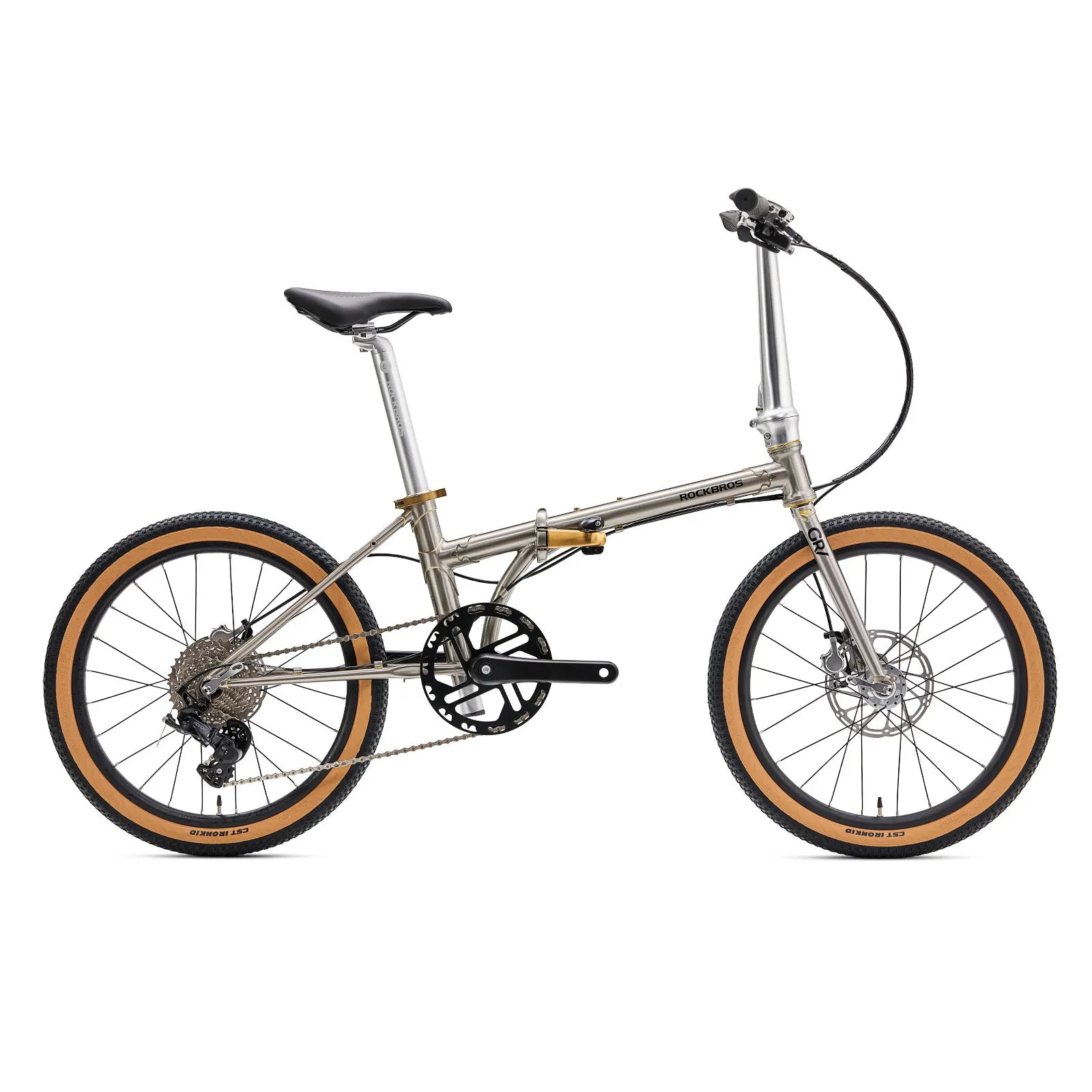 Rockbros Garvis 20 inch chromoly steel folding bike with 9-speed drivetrain.
#color_Raw Steel