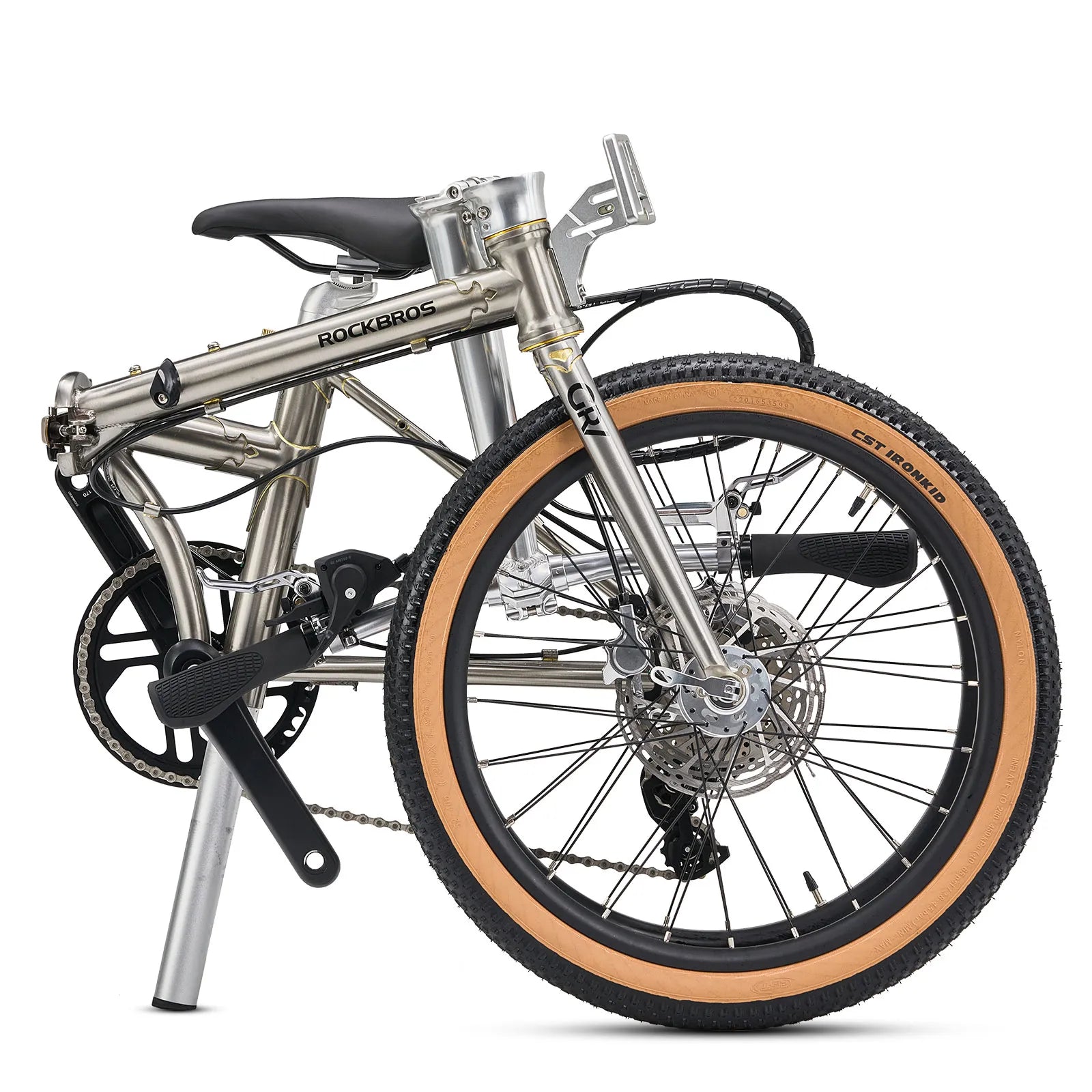 Rockbros Garvis 20 inch chromoly steel folding bike with 9-speed drivetrain.
#color_Raw Steel