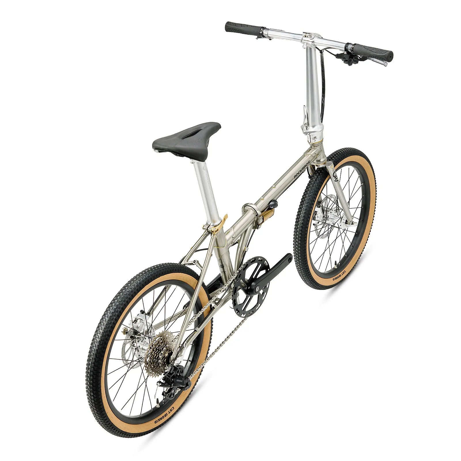 Rockbros Garvis 20 inch chromoly steel folding bike with 9-speed drivetrain.
#color_Raw Steel
