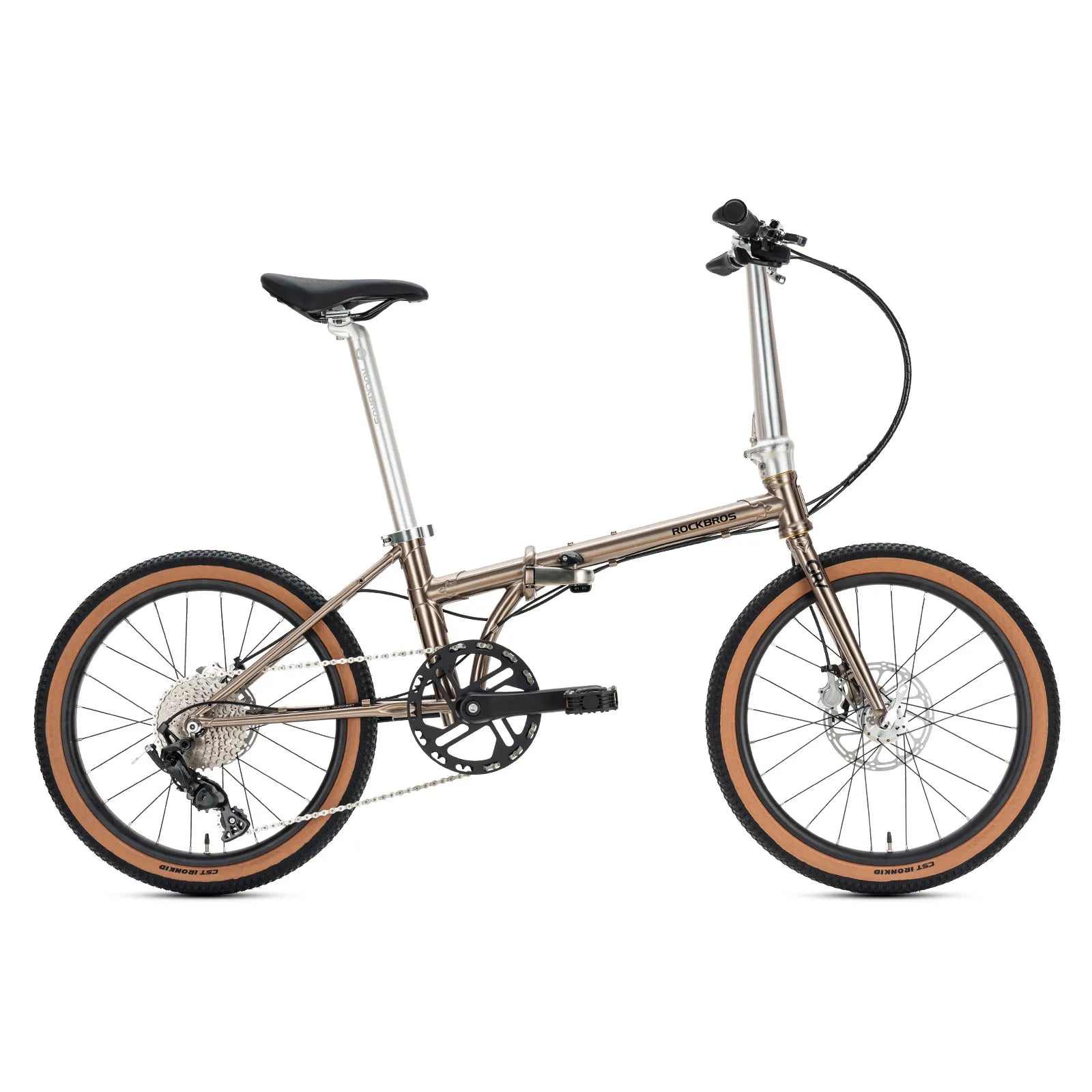 Rockbros Garvis 20 inch chromoly steel folding bike with 9-speed drivetrain.
#color_Matte Titanium