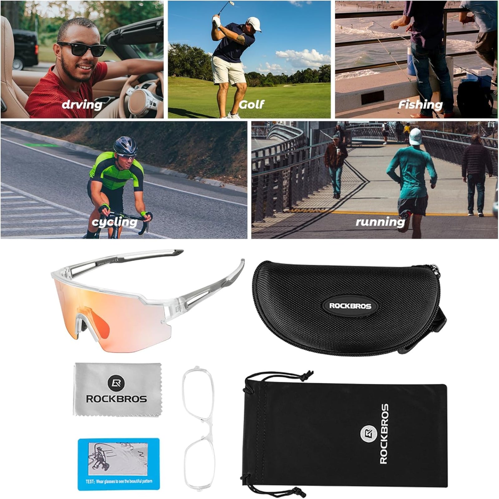rockbros outdoor photochromic sunglasses #color_White frame with photochromic red lens