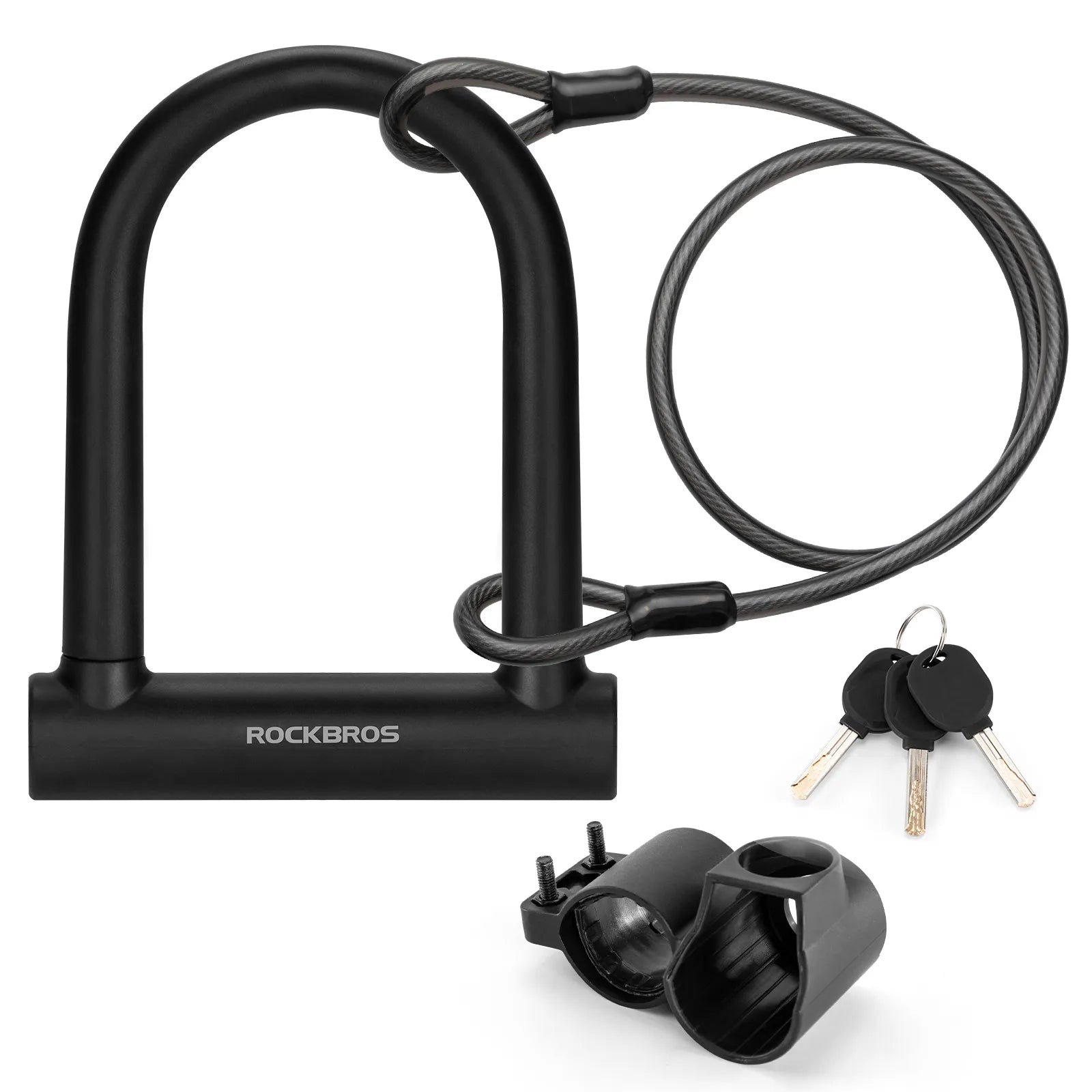 Rockbros heavy duty bike U lock with steel cable and 3 keys on a plain background.
#options_U Lock + Cable