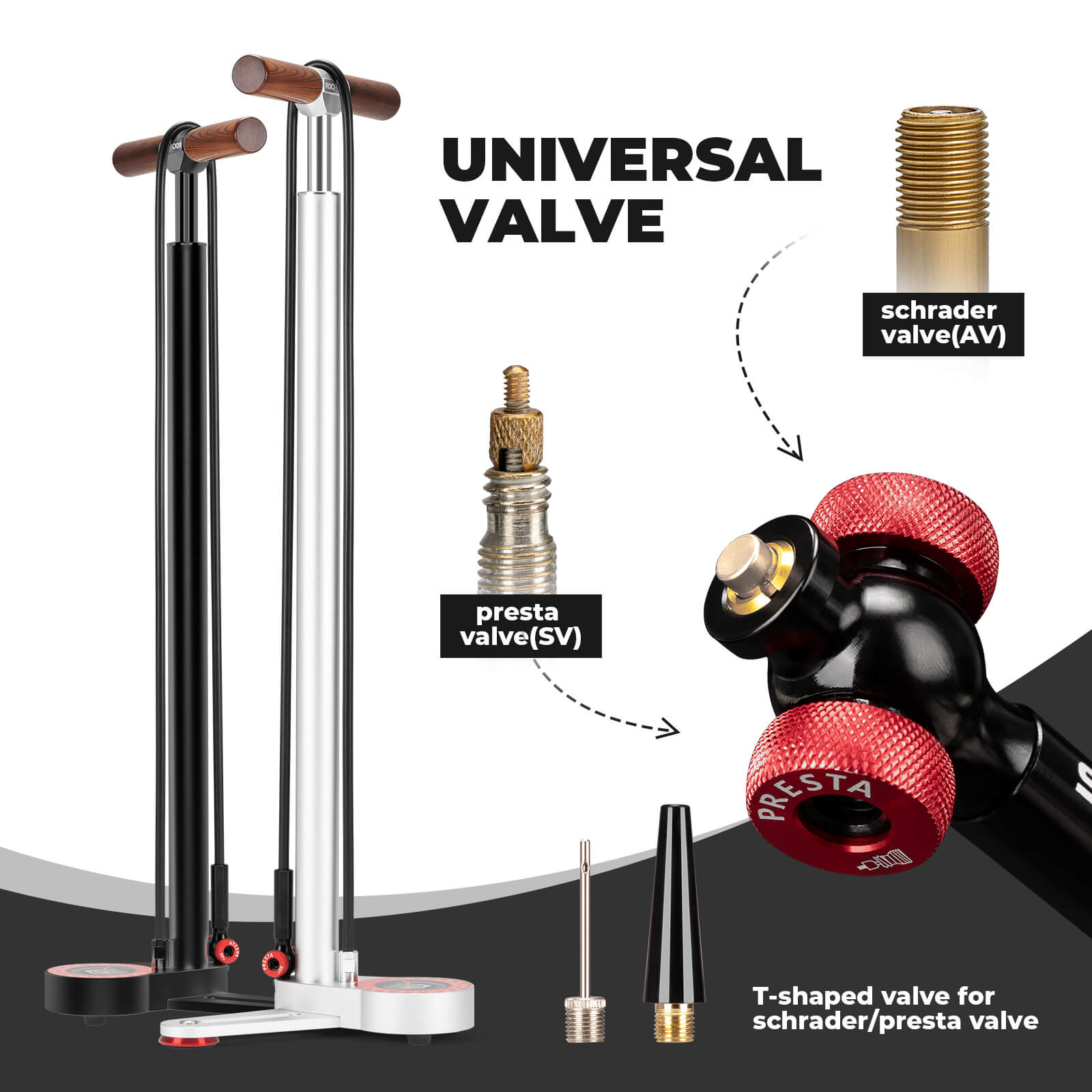 rockbros aluminium high pressure bike floor pump for road and mountain bikes.
#color_black