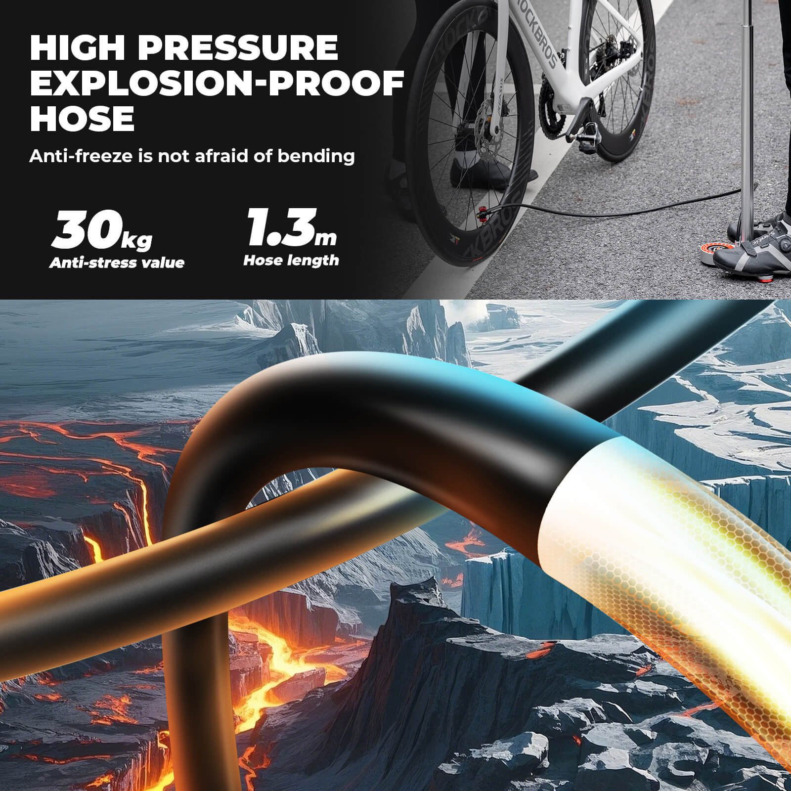 rockbros aluminium high pressure bike floor pump for road and mountain bikes.
#color_black