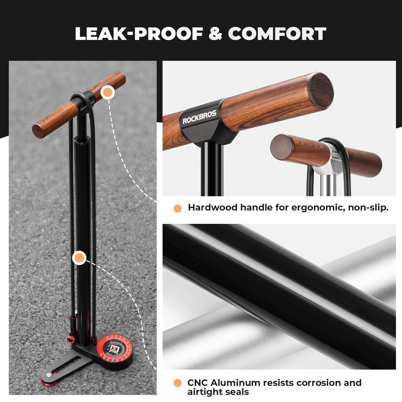 rockbros aluminium high pressure bike floor pump for road and mountain bikes.
#color_silver