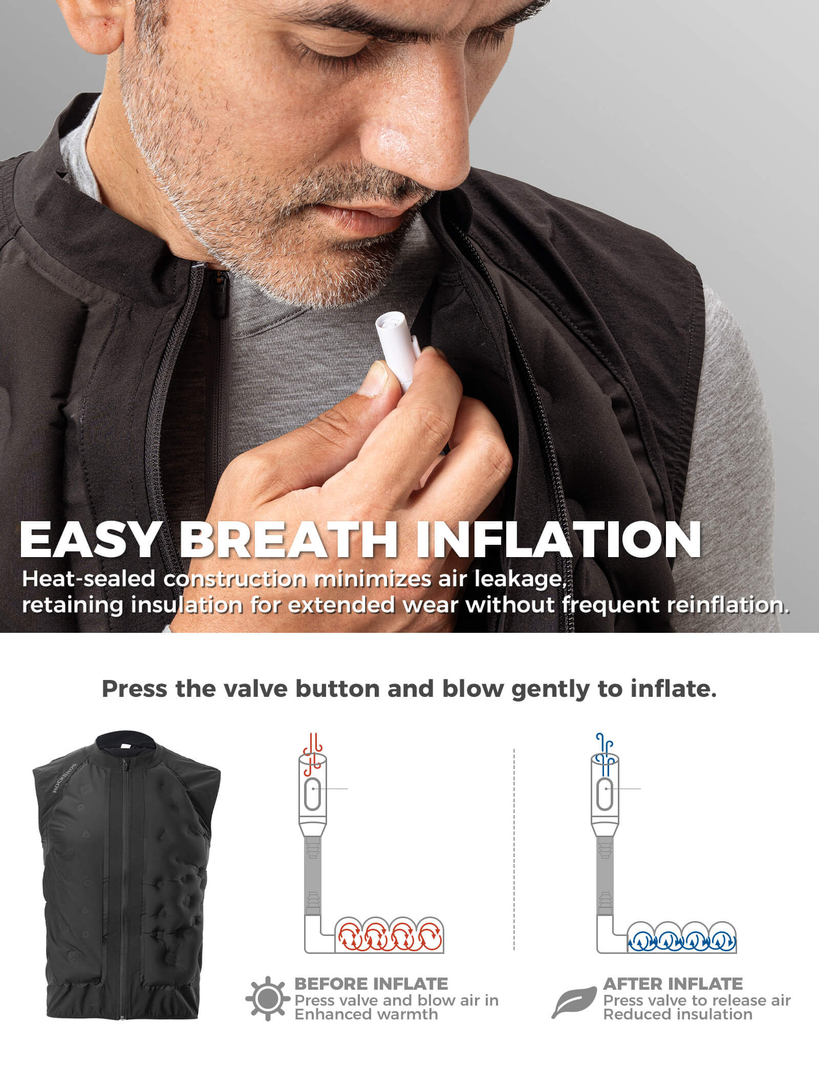 ROCKBROS Unisex Inflatable Vest - All-Weather Smart Temperature Regulating Bodywarmer in Black