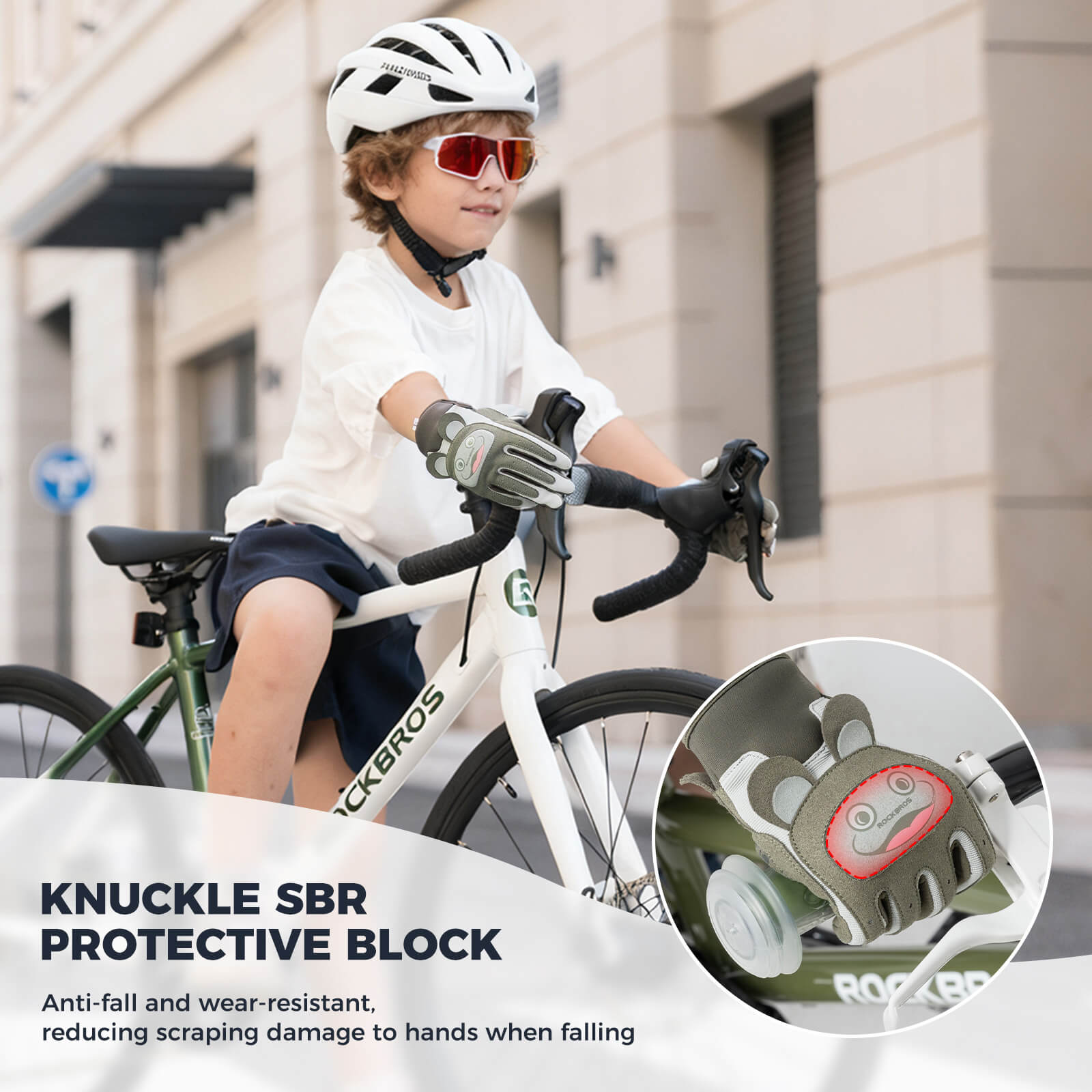 rockbros kids anti-slip full finger cycling gloves for children riding bikes.
#color_green