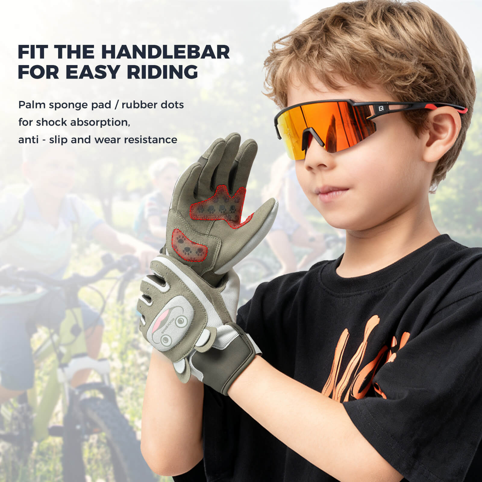 rockbros kids anti-slip full finger cycling gloves for children riding bikes.
#color_brown