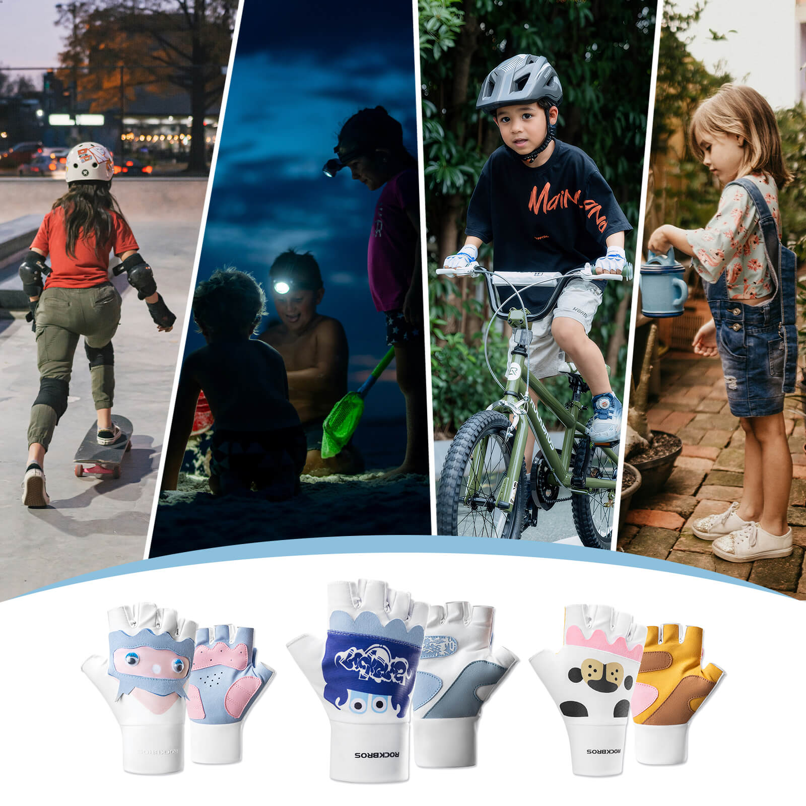 ROCKBROS kids half-finger cycling gloves featuring cute patterns for boys and girls.
#color_sky blue