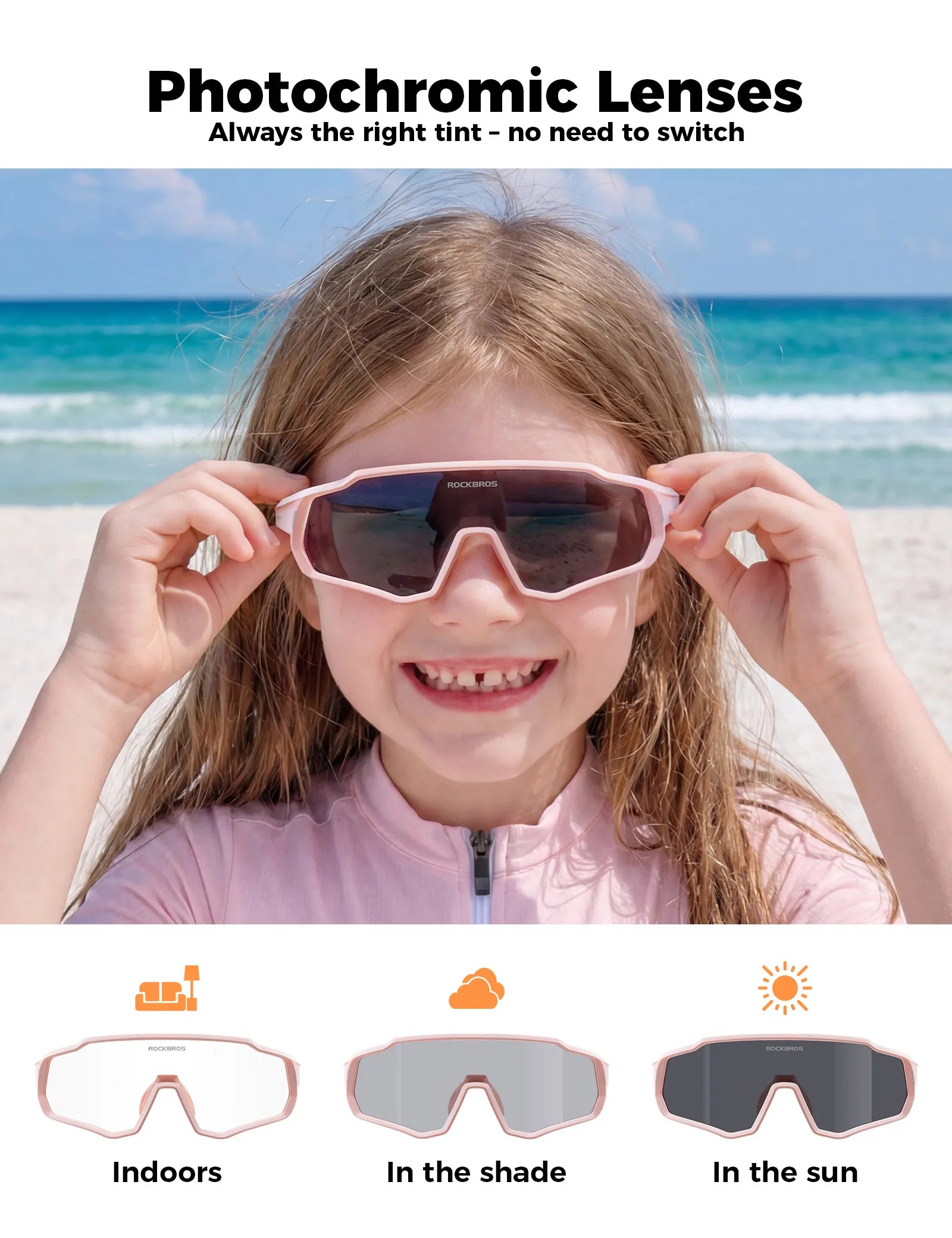 ROCKBROS Children's Sports Sunglasses featuring UV400 Protection and Intelligent Photochromic Lens Technology.
#color_red