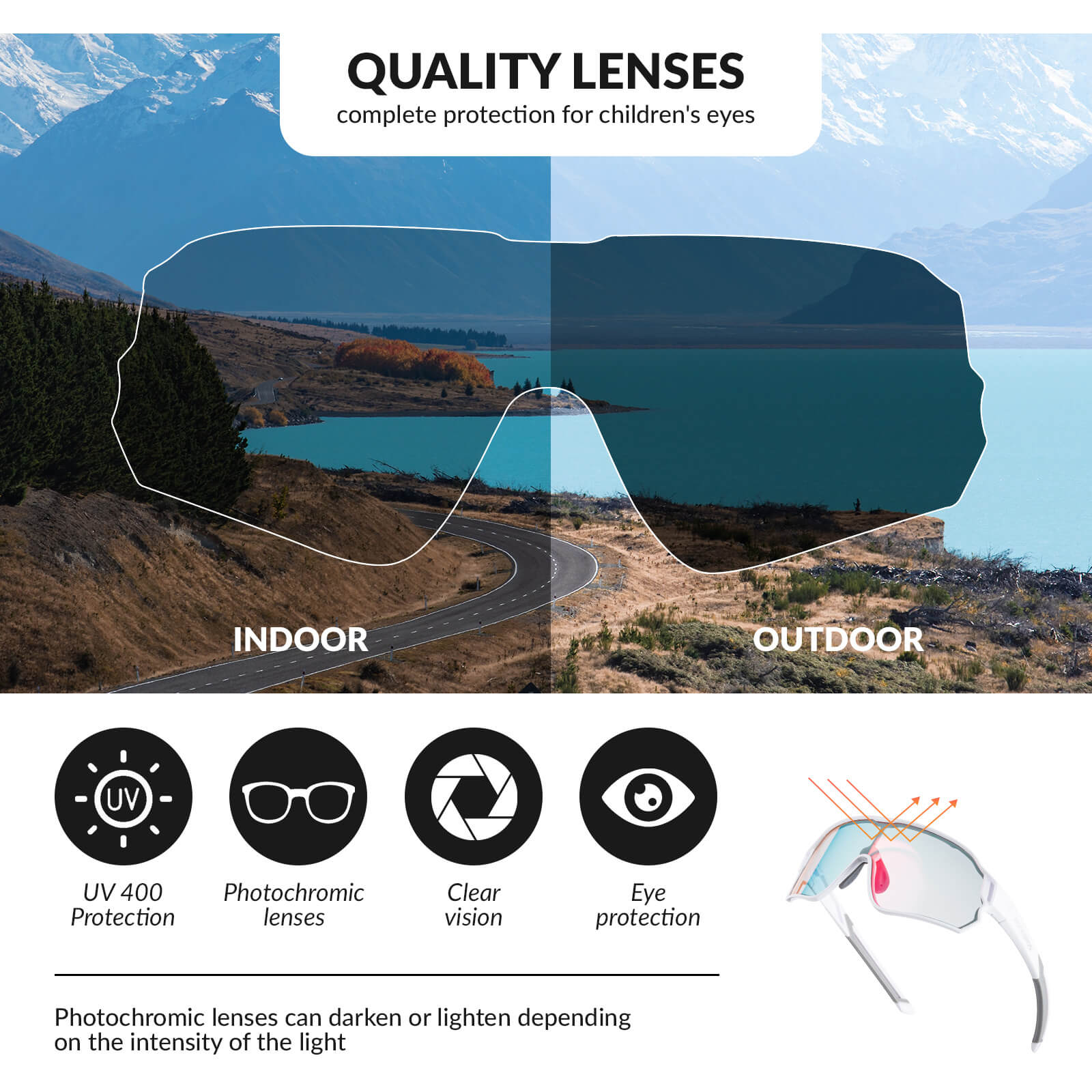 ROCKBROS kids photochromic bike sunglasses with adjustable frame.
#color_grey white