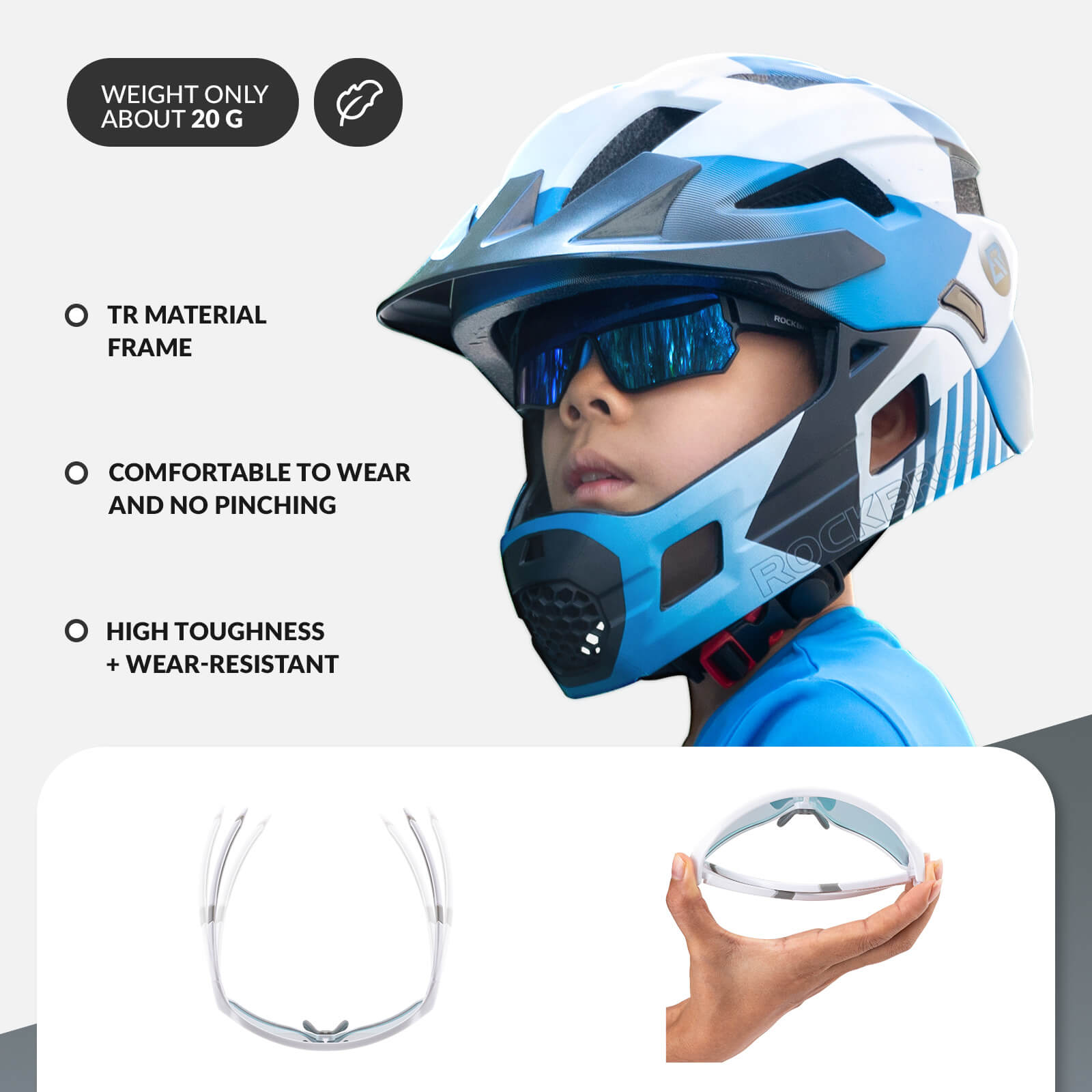 ROCKBROS kids photochromic bike sunglasses with adjustable frame.
#color_grey white