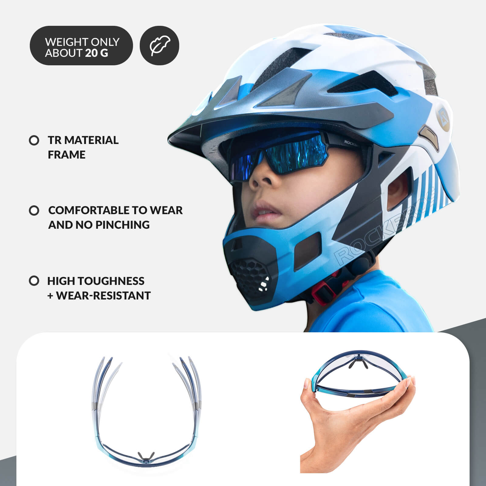 ROCKBROS kids photochromic bike sunglasses with adjustable frame.
#color_sky blue