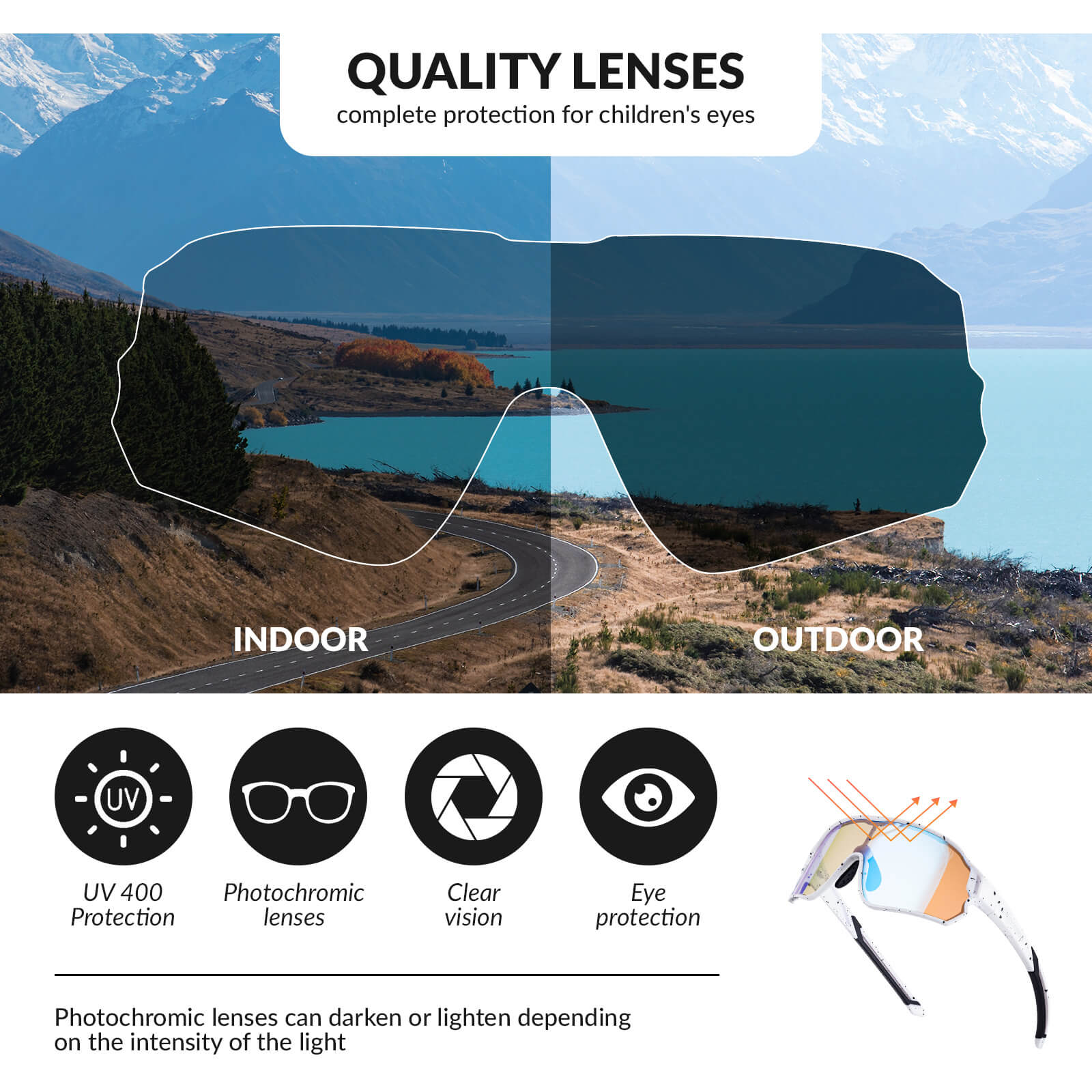 ROCKBROS kids photochromic bike sunglasses with adjustable frame.
#color_white