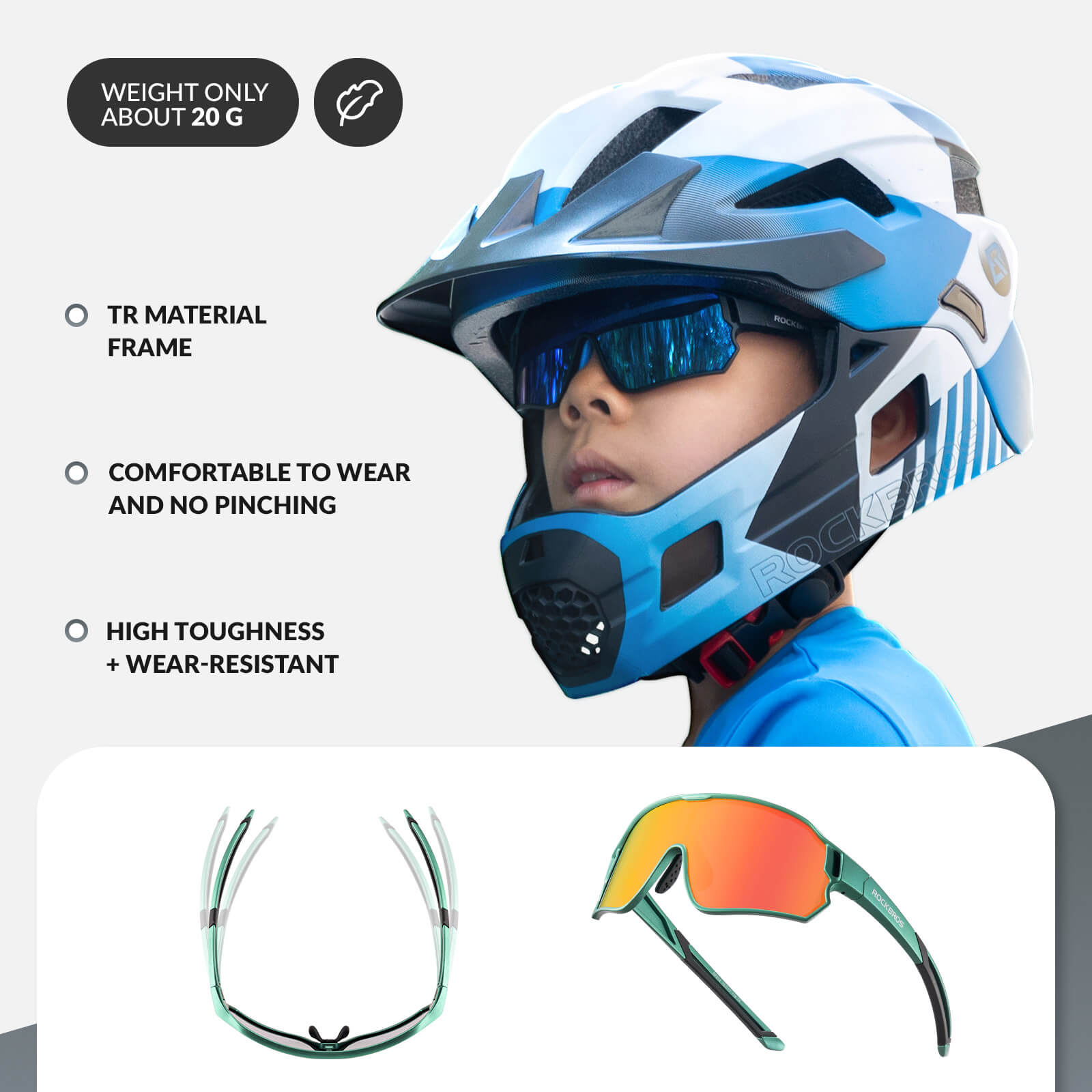 ROCKBROS polarised kids cycling sunglasses worn by child.
#color_army green