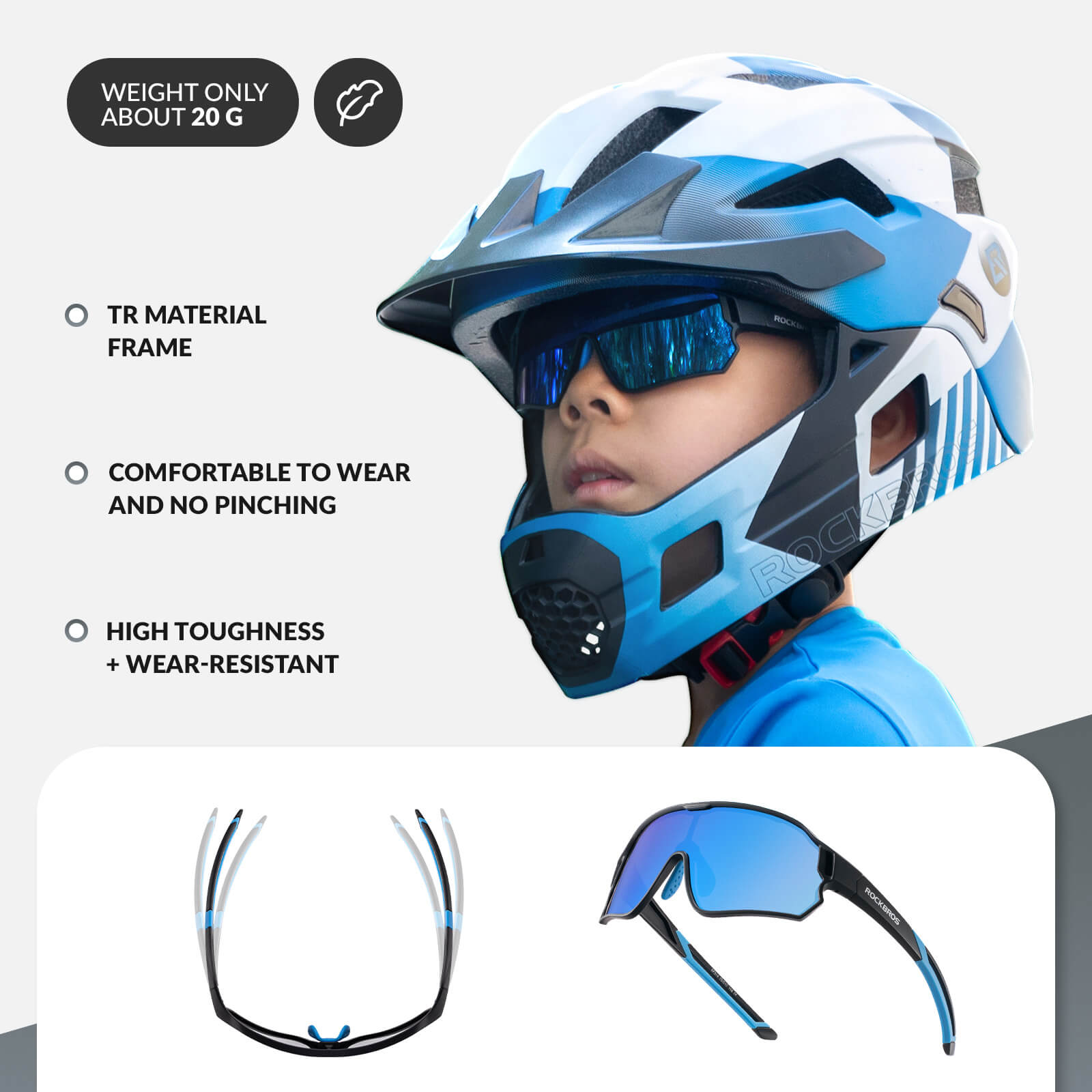 ROCKBROS polarised kids cycling sunglasses worn by child.
#color_black