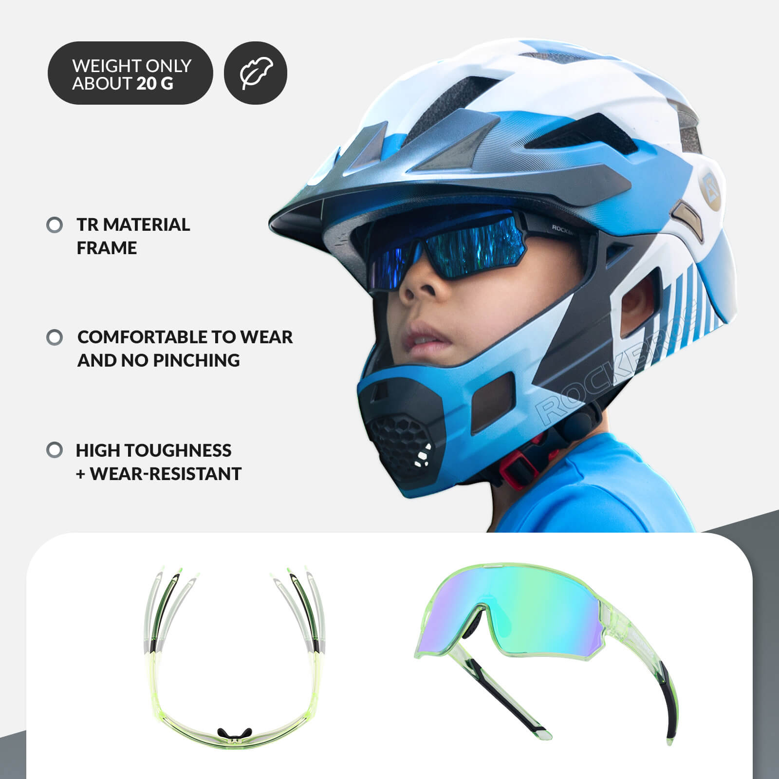 ROCKBROS polarised kids cycling sunglasses worn by child.
#color_light green