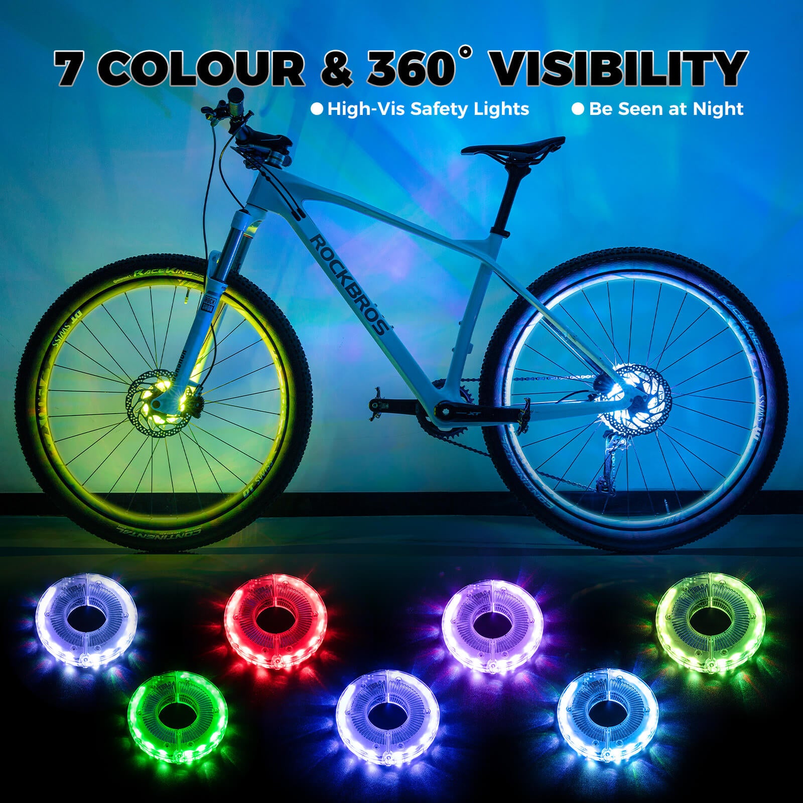 ROCKBROS rechargeable LED bicycle hub lights for road and mountain bike tyres.
#options_Mountain Bike (2-Pack)