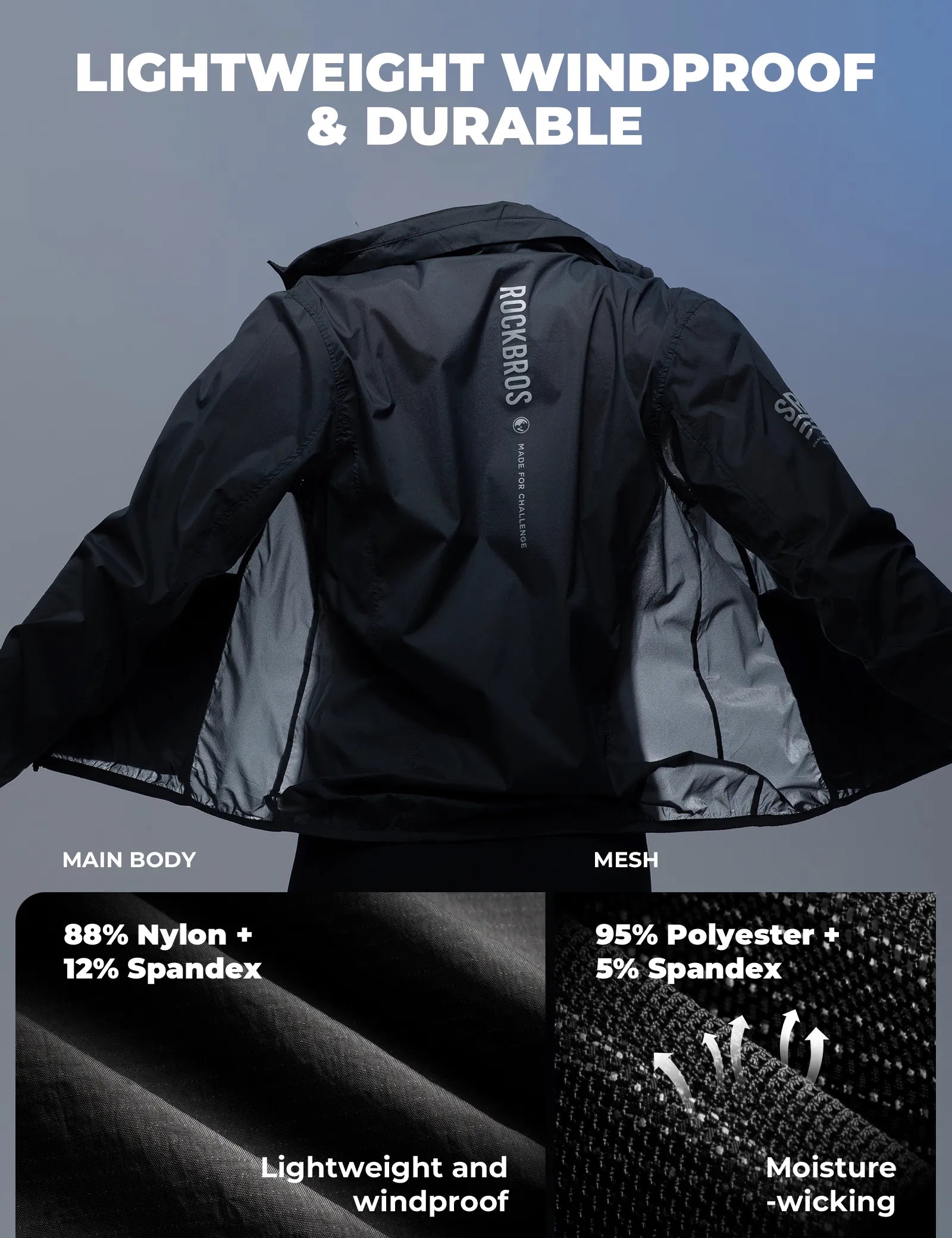Rockbros lightweight packable cycling wind jacket for men and women.
#color_black