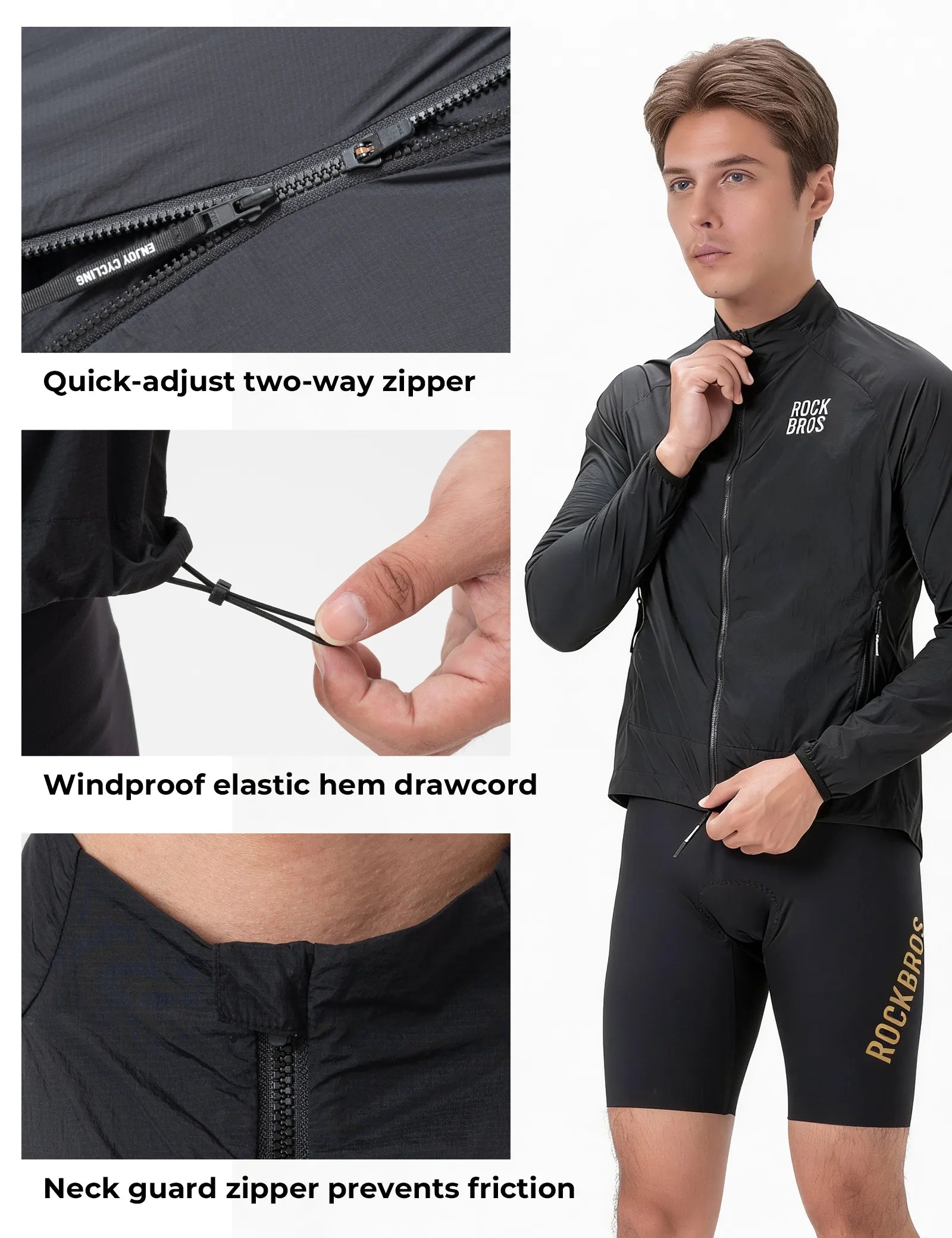 Rockbros lightweight packable cycling wind jacket for men and women.
#color_black