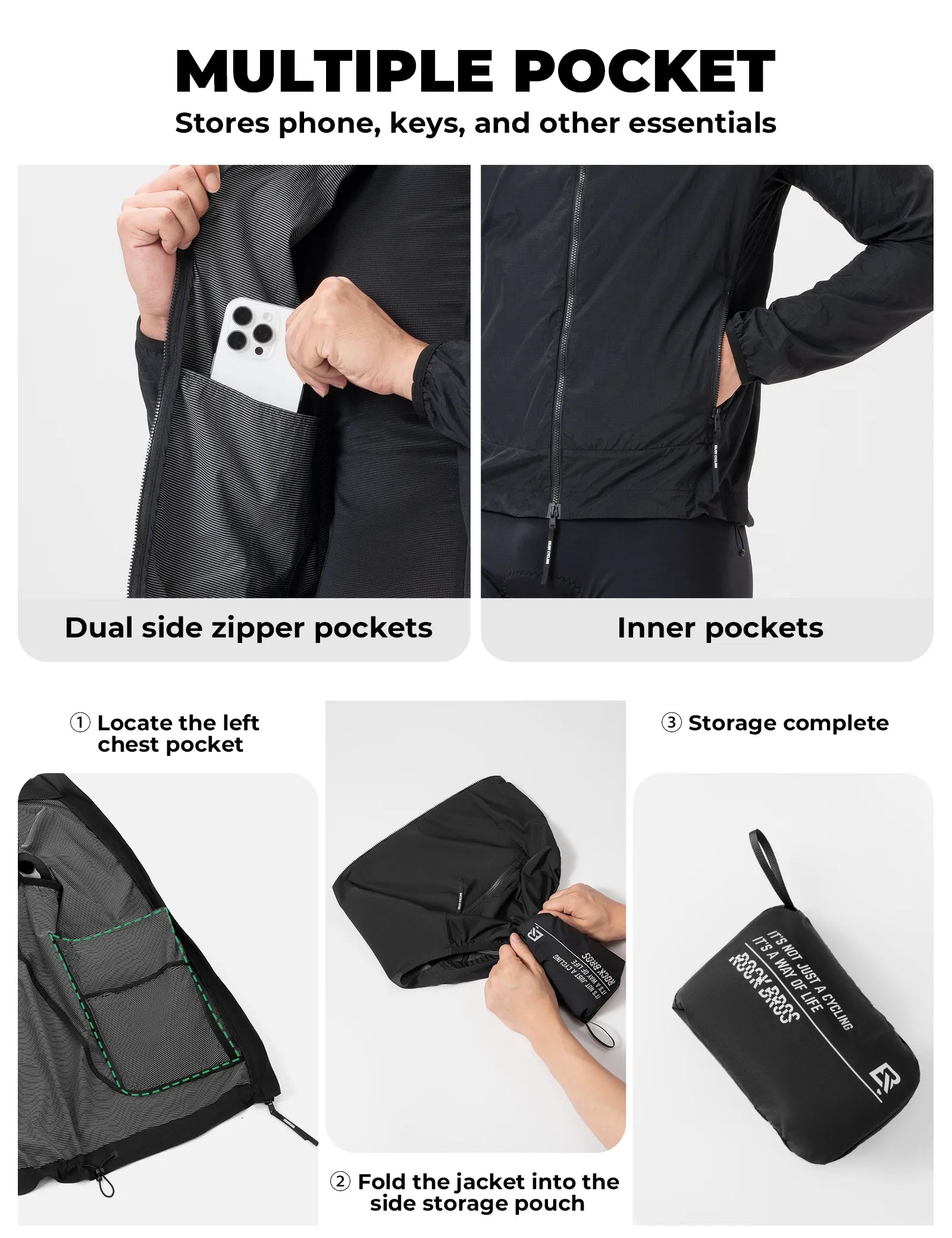 Rockbros lightweight packable cycling wind jacket for men and women.
#color_black