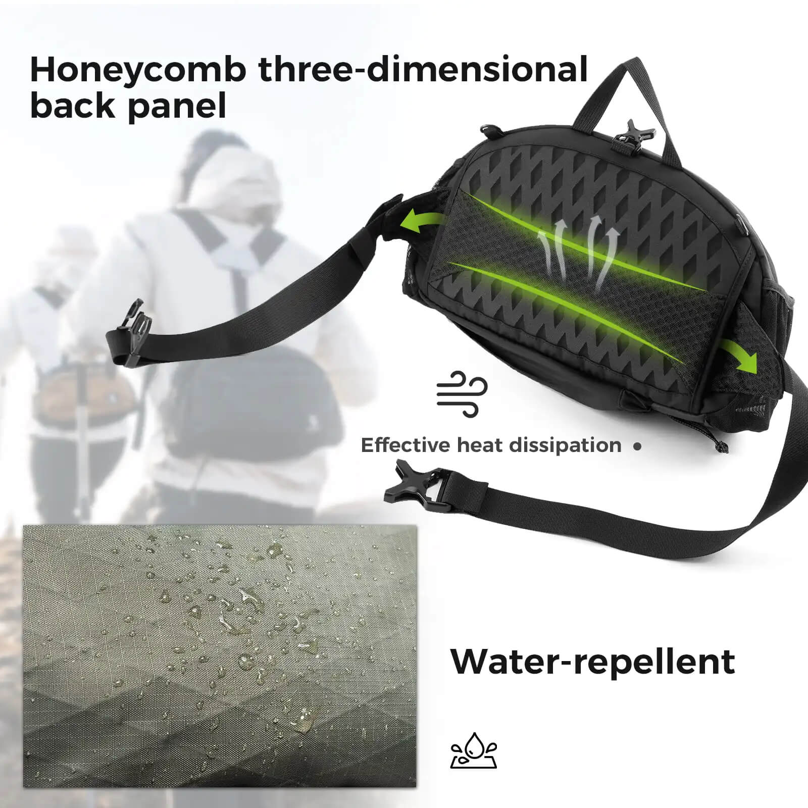 Water-repellent waist bag, suitable for outdoor rainy weather.
#color_green